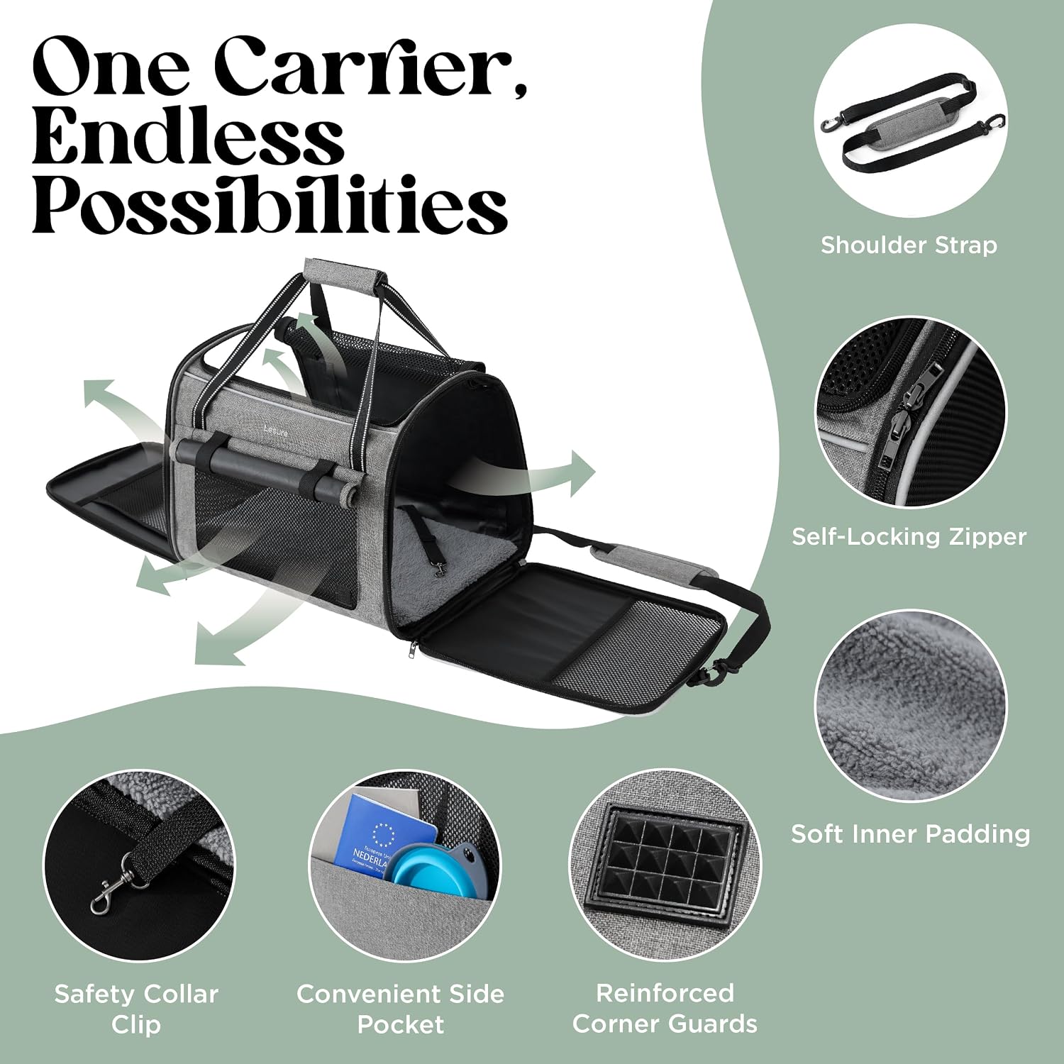 Detalle 2 de Lesure Faltbare Katzen Transportboxen für Reisen – formstabile, weiche Katzentransporttasche mit atmungsaktivem Mesh (43,5 × 29,5 × 34 cm, Hellgrau)