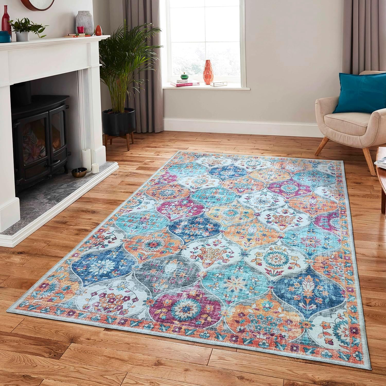 Mandala 9' x 12' Machine Washable Area Rug — Stain Resistant Polyester, Orange & Multi