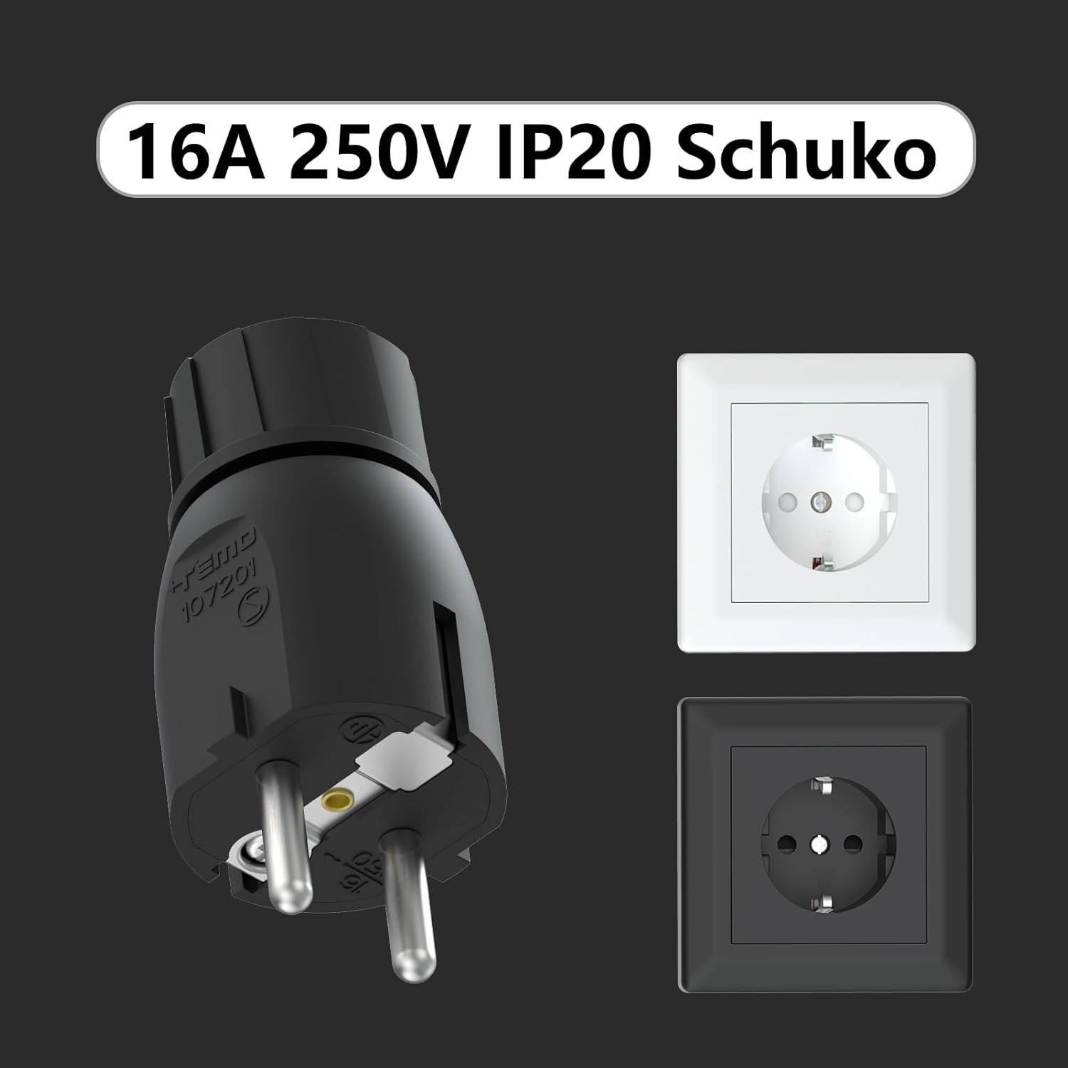Thumbnail 2 de TEMOLink Schuko Stecker (Gerade) mit Knickschutz – 3er-Set für Kabel bis 2,5 mm², IP20, schwarz