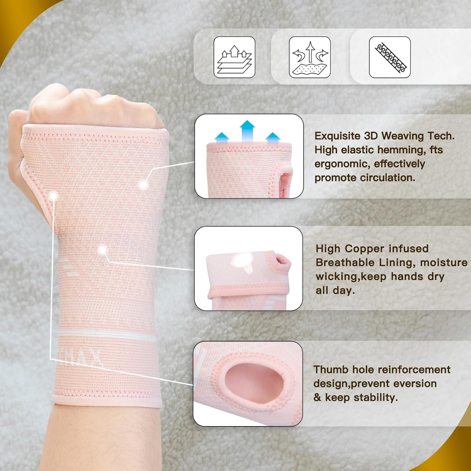 Thumbnail 1 de INDEEMAX Wrist Support Sleeve 1 Pair – Copper-Infused Compression Wrist Brace with Thumb Loop (Left/Right), Pink, M