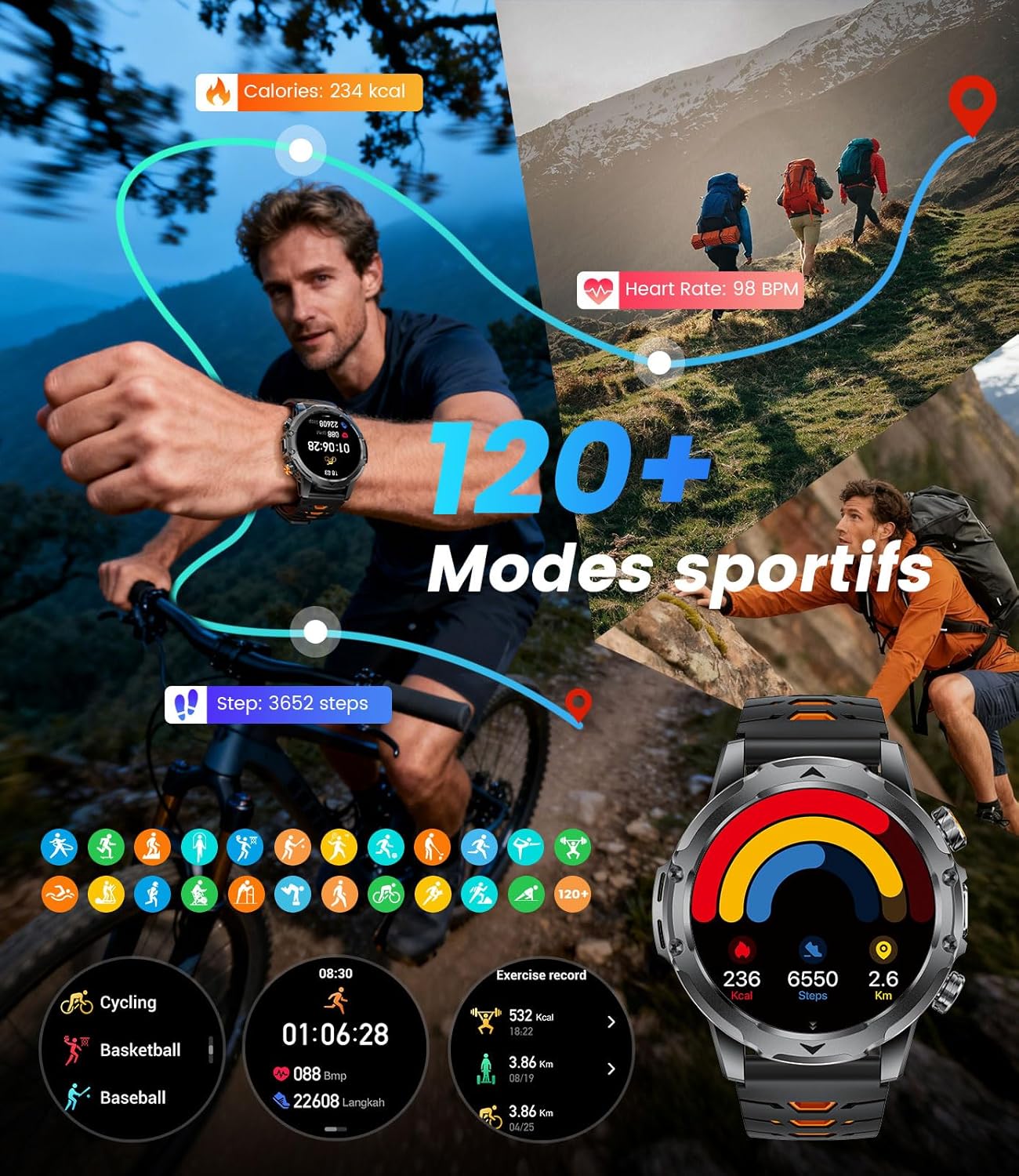 Detalle de FITFLEX Montre Connectée pour Homme – Écran 1,53'' HD, Appels Bluetooth, 120+ Sports, IP68, Batterie 1000 mAh
