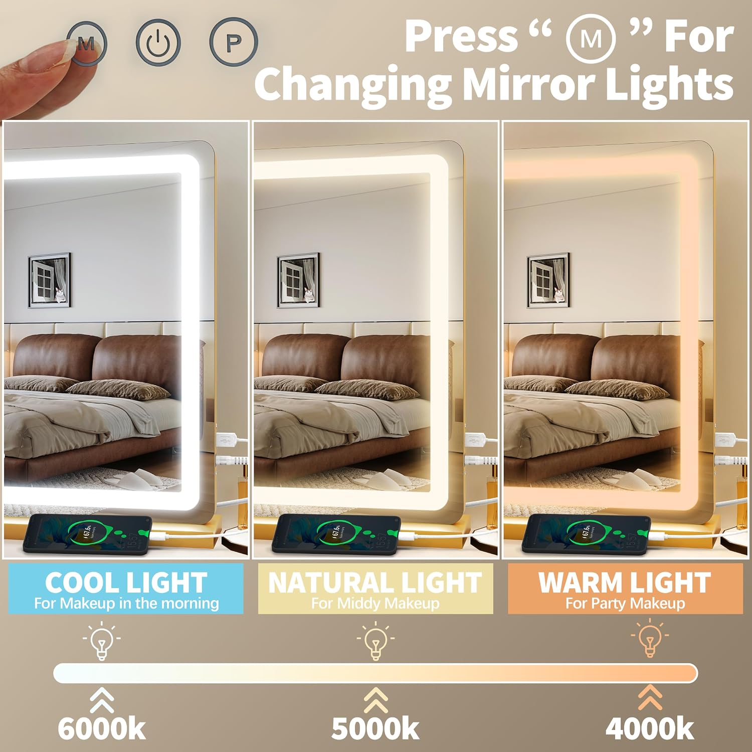 Detalle 2 de FENNIO 23" x 18" Vanity Mirror with Lights, Gold Frame, 3 Color Modes