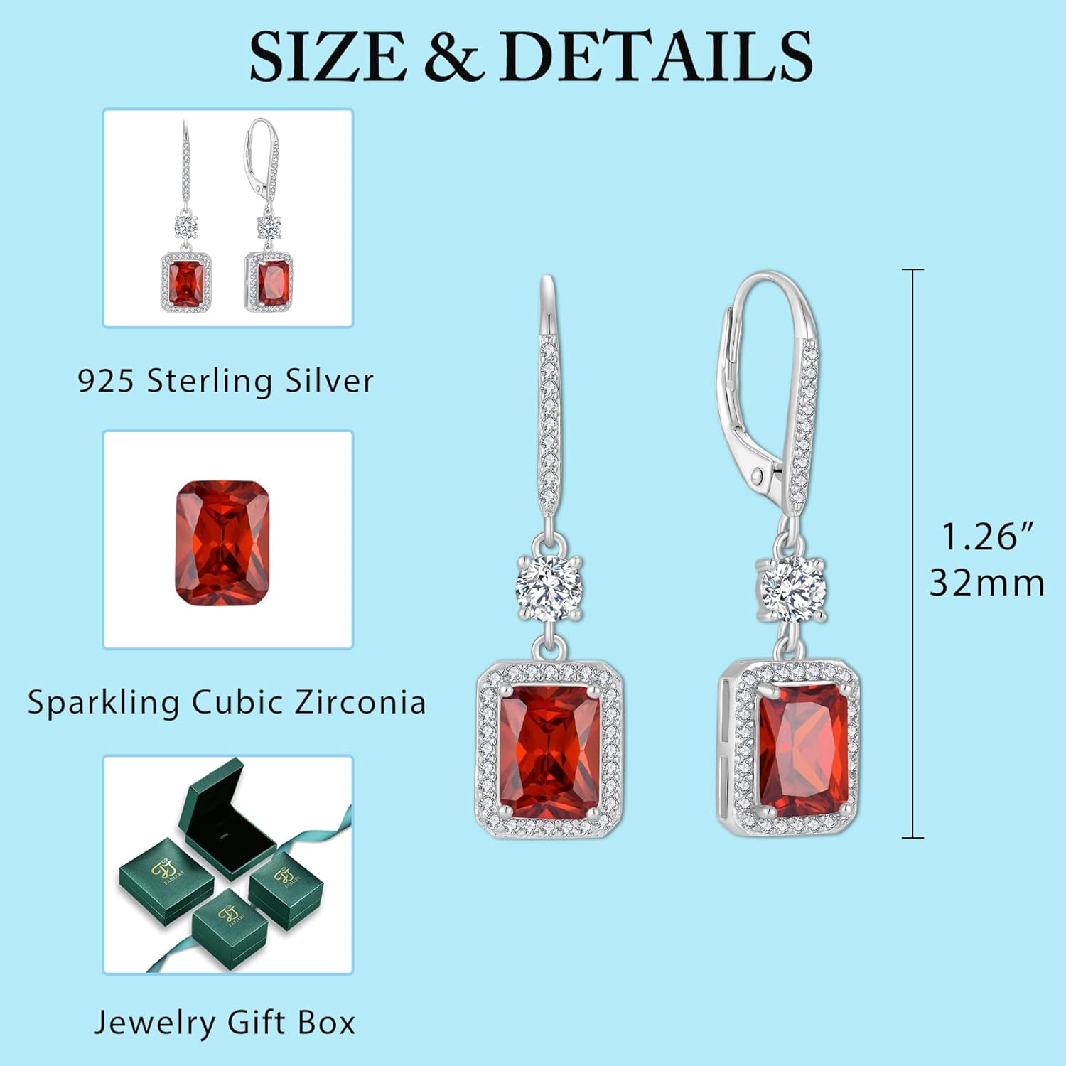 Thumbnail 5 de FJ Rectangular Cut Dangle Drop Earrings 925 Sterling Silver with Birthstone