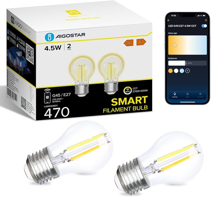 Detalle de Aigostar Bombilla Inteligente Alexa G45 Globo 🌟 2U 4.5W