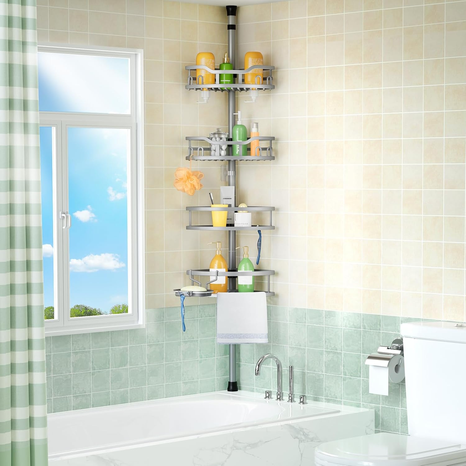 Thumbnail 6 de HAMITOR Corner Shower Caddy Tension Pole – 4-Tier Rustproof Steel Organizer for 47–121 Inch Corners
