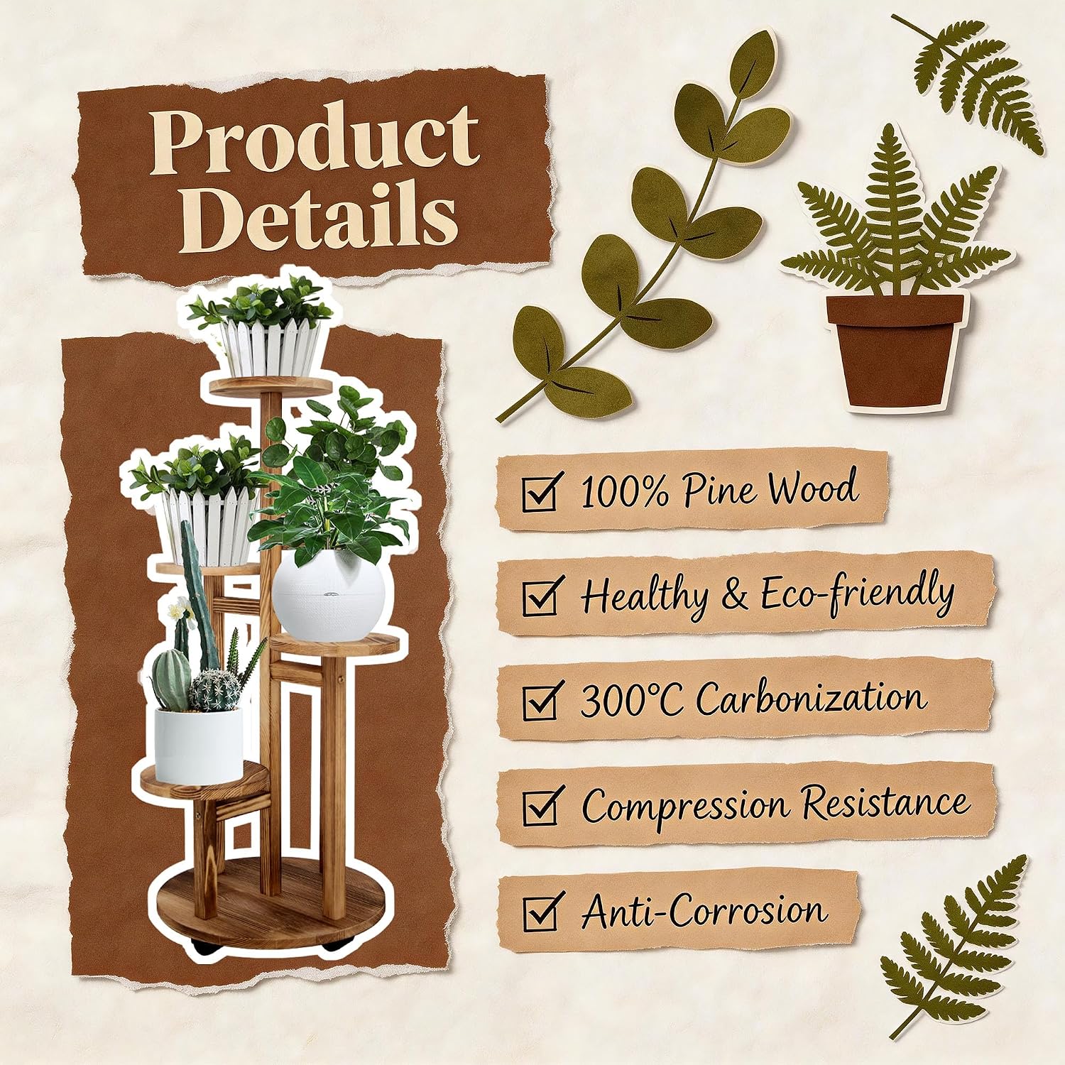 Detalle 2 de GEEBOBO ge-5tier-round-plant-stand-003 5-Tier Pine Wood Plant Stand with Wheels