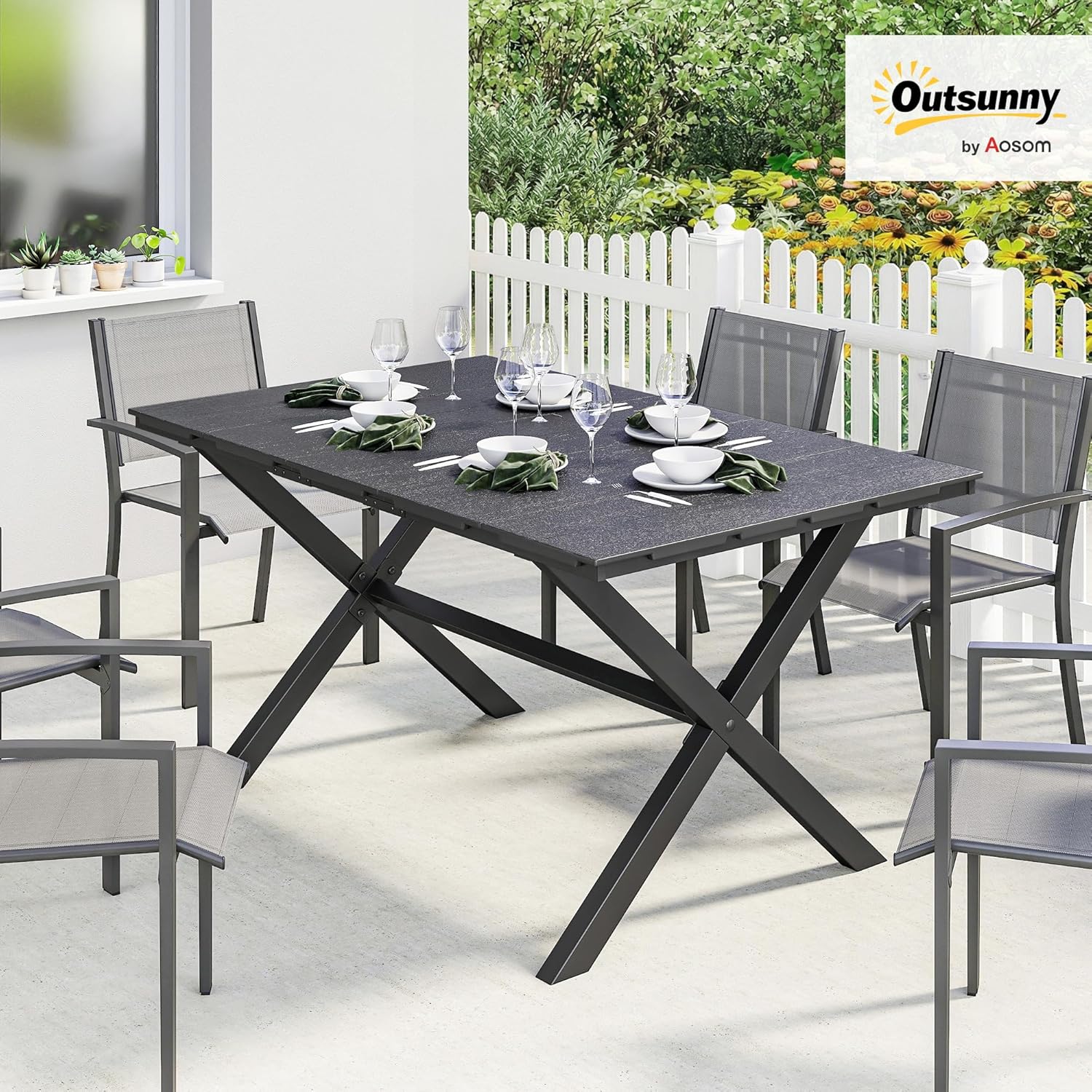 Thumbnail 1 de Outsunny Table de jardin rectangulaire HDPE effet bois pour 4 à 6 personnes (150 x 90 x 74 cm) – pieds en X, noir