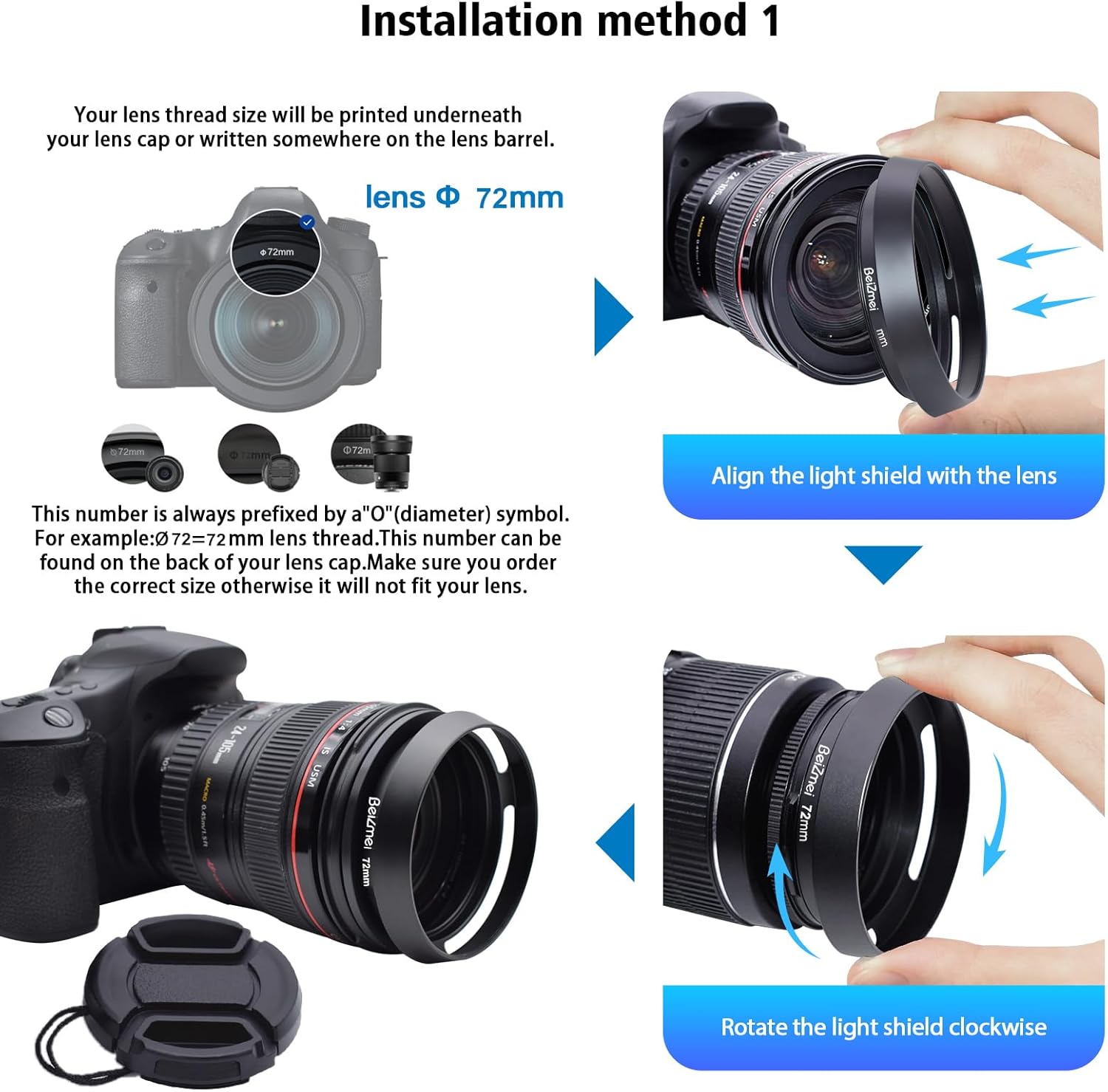 Detalle de BEIZMEI 72mm Camera Lens Hood with 72mm Lens Cap – CNC metal hood for Ø72mm filter-thread lenses