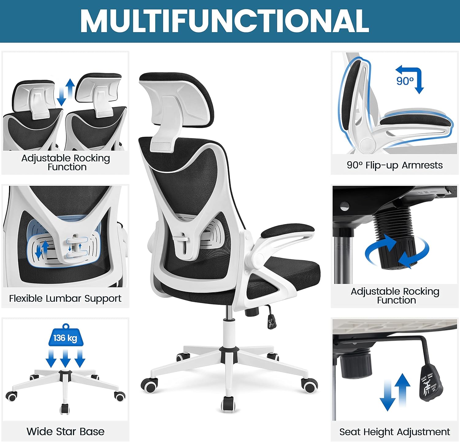 Detalle de Yaheetech Bürostuhl Ergonomisch – Hochklappbare Armlehnen, Kopfstütze, 136 kg belastbar, Weiß/Schwarz