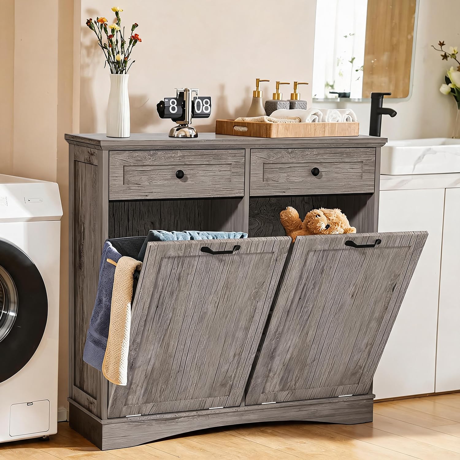 Detalle de OUTGUAVA Double Tilt-Out Trash Cabinet, Gray, 26-Gallon Capacity, Drawers