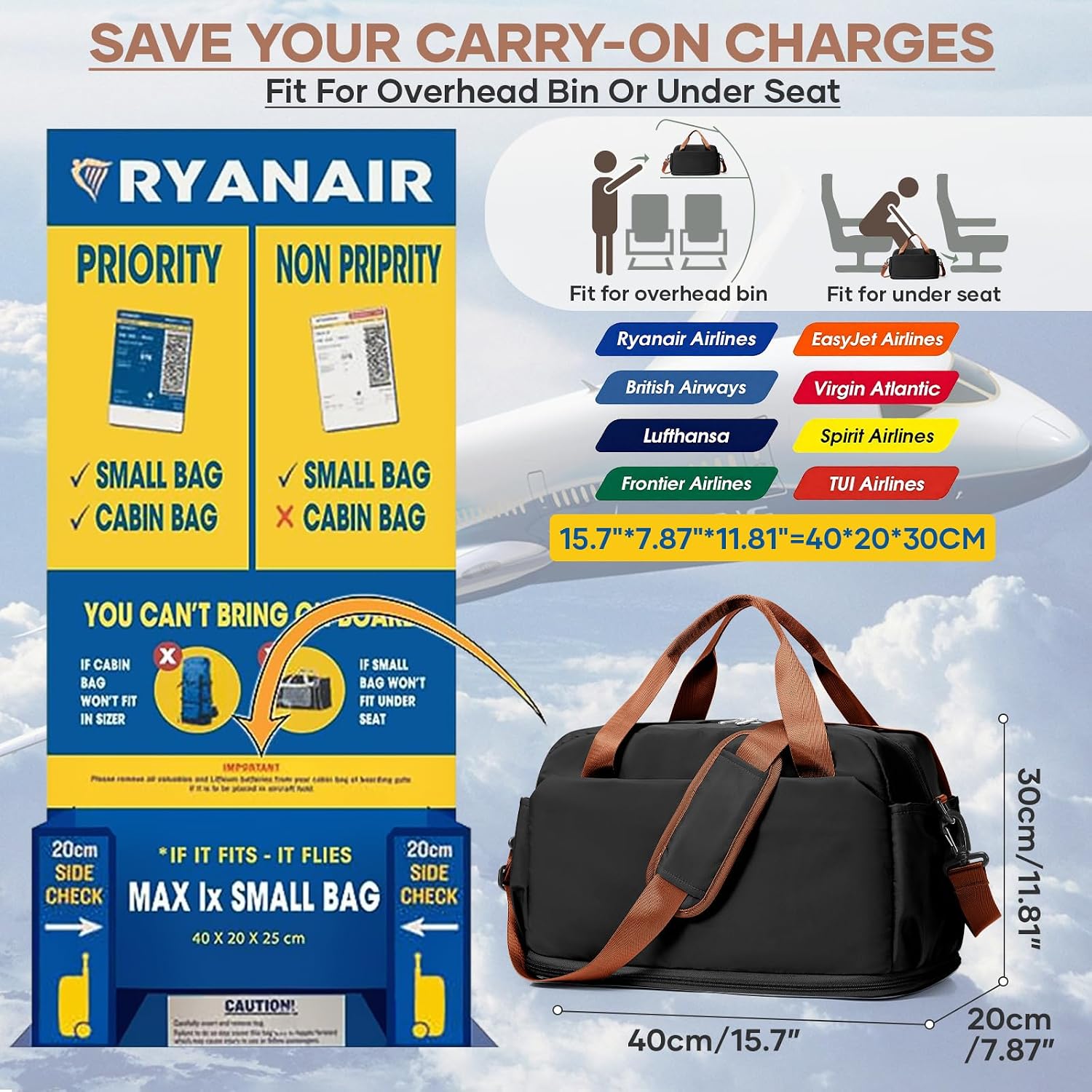 Thumbnail 1 de HPLQQ Ryanair underseat cabin bag 40x30x20L weekend holdall with wet pocket, shoe compartment (F3 Black Brown)