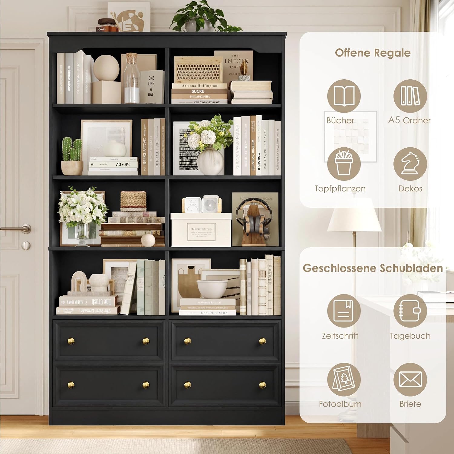 Detalle de FirFurd P124 Bookcase, 8 Compartments and 4 Drawers, Black, 100 x 30 x 180 cm