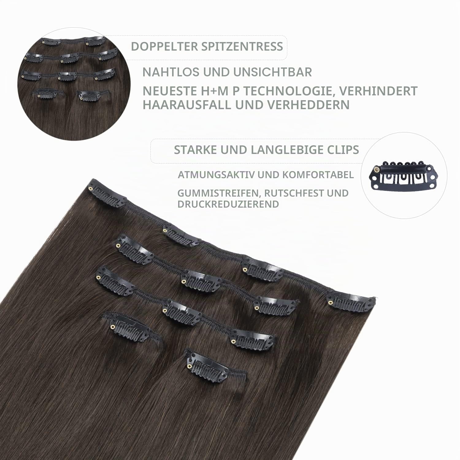 Detalle de WENNALIFE Clip in Extensions Echthaar – Dunkel Braun, 75 g, 5 Teile, 35 cm