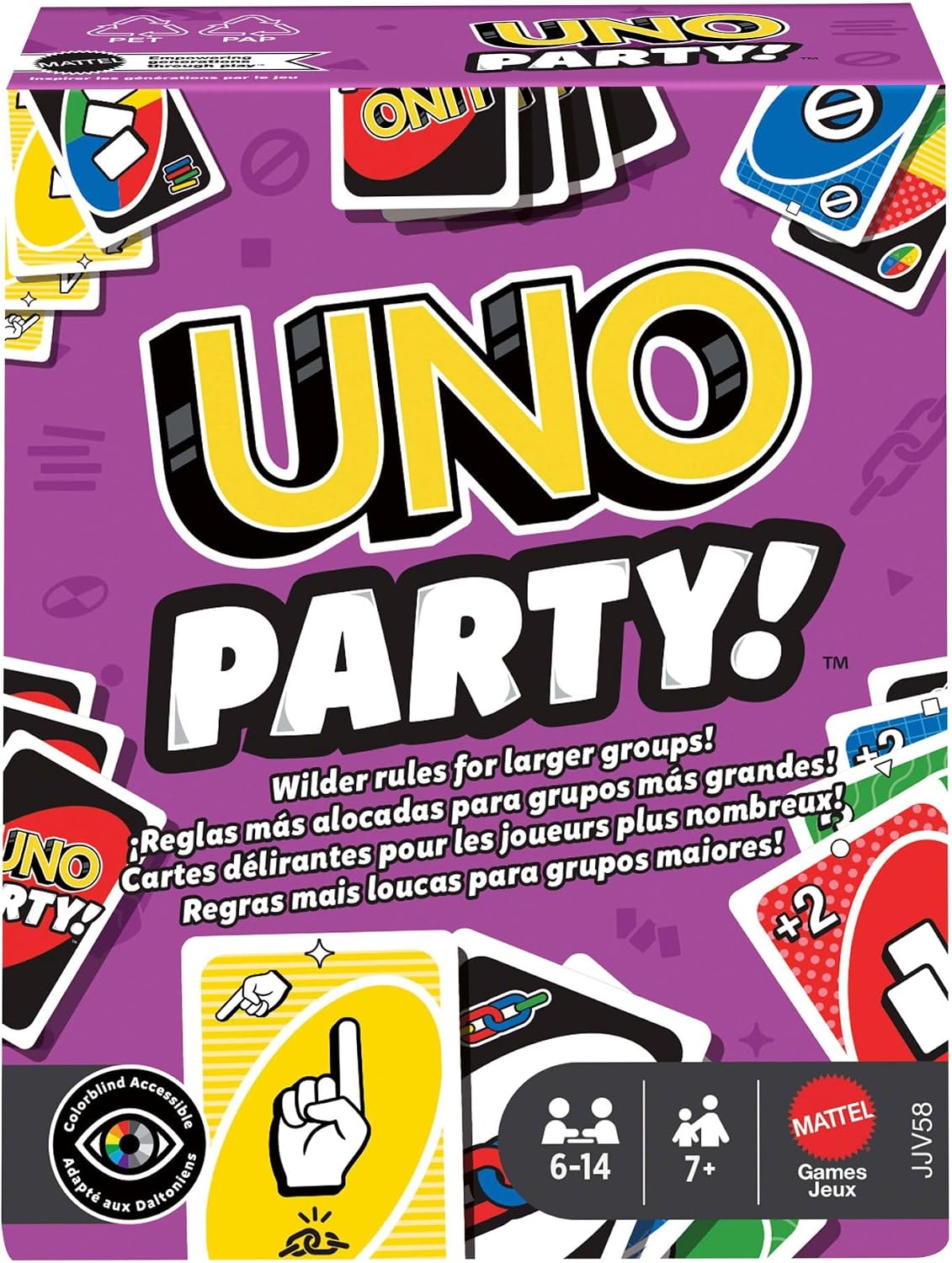 Detalle de Mattel UNO Party – Jeu de Cartes pour 6 à 14 joueurs, règles spéciales pour les grands groupes