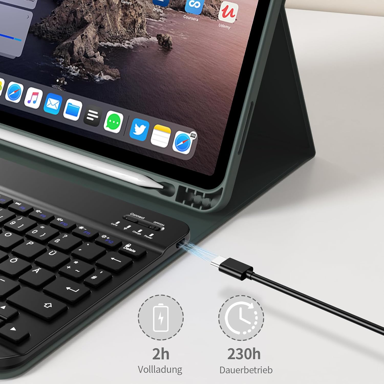 Thumbnail 5 de ZOYU Tastatur Hülle für iPad (A16) 11 Zoll / 10,9 Zoll – Nachtgrün mit abnehmbarer Bluetooth-Tastatur