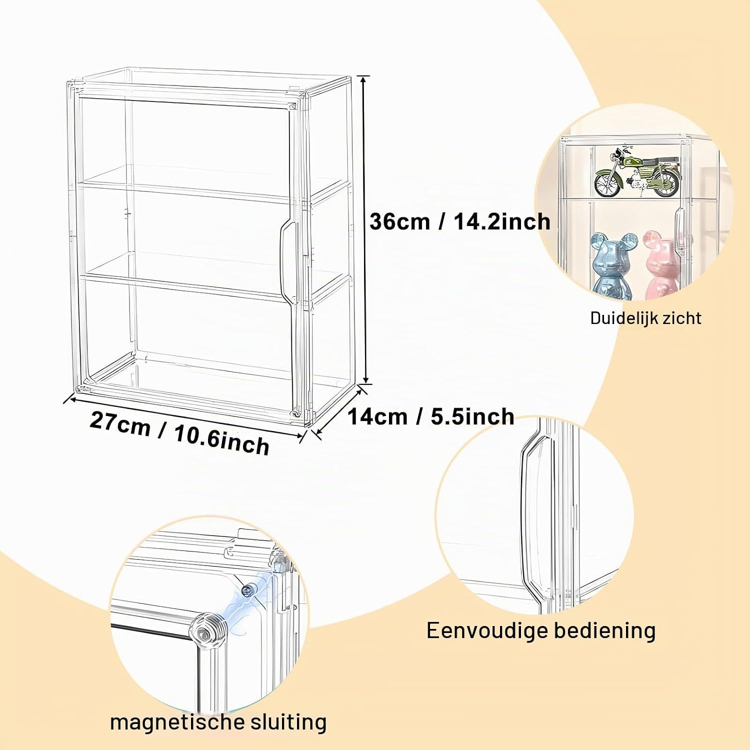 Detalle de Brizuf 1 acryl vitrinekast met 3 lagen en magnetische deur