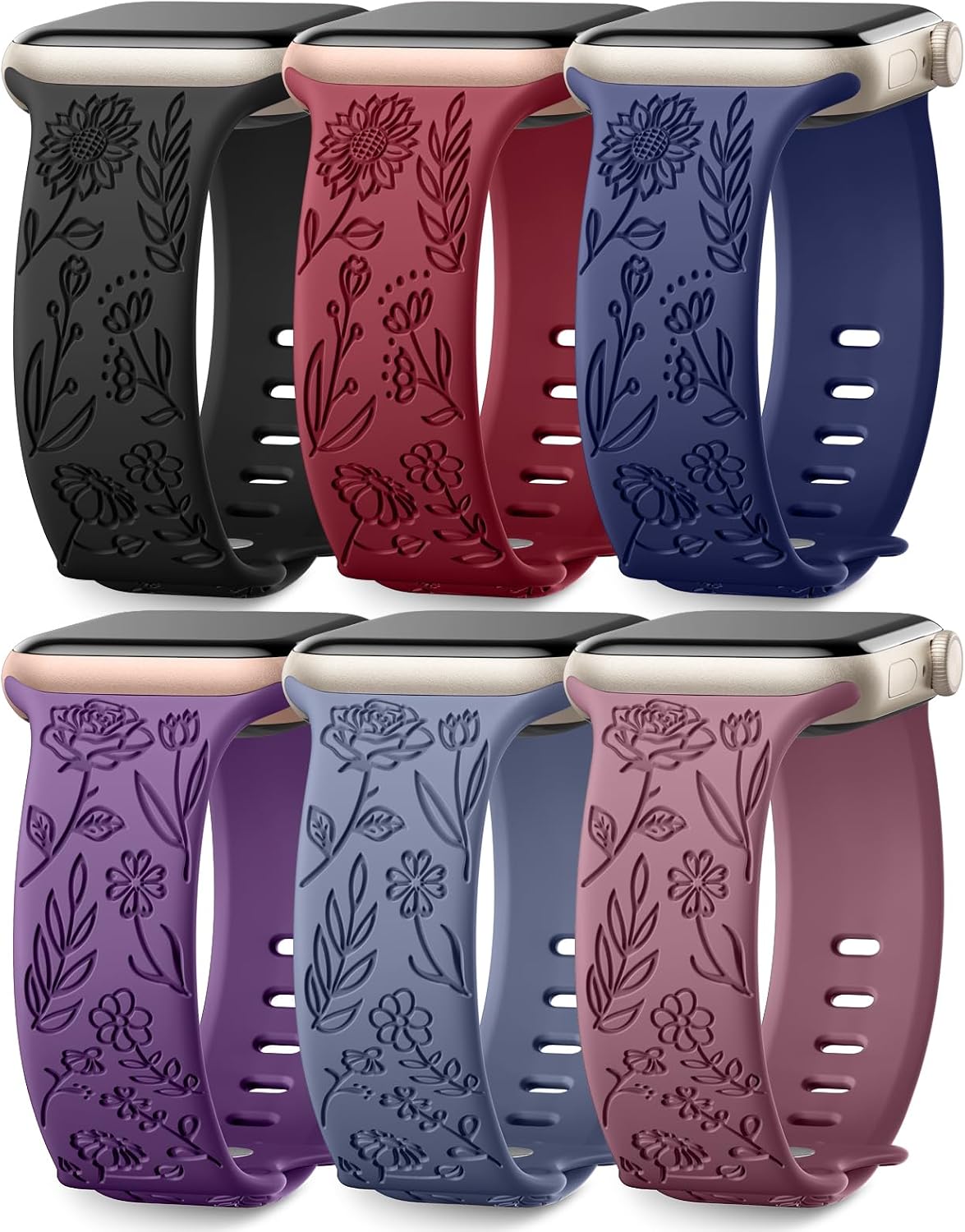 Detalle de SNBLK 6-Pack Floral Engraved Silicone Apple Watch Bands, Sunflower and Rose Designs