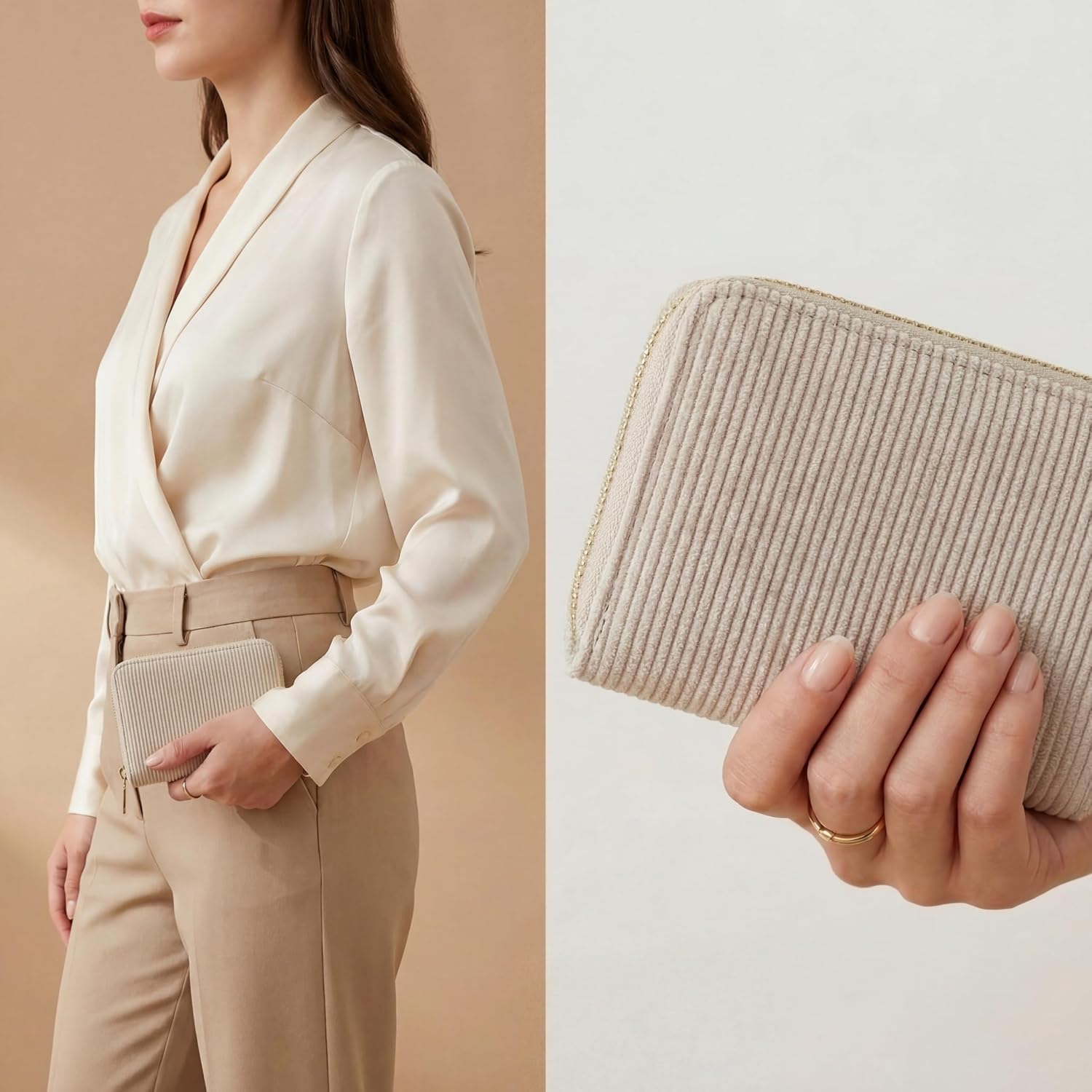 Detalle de MillyMilk Kord Geldbeutel Fondo – Mini Portemonnaie aus Cord in Beige, kompakt & formstabil