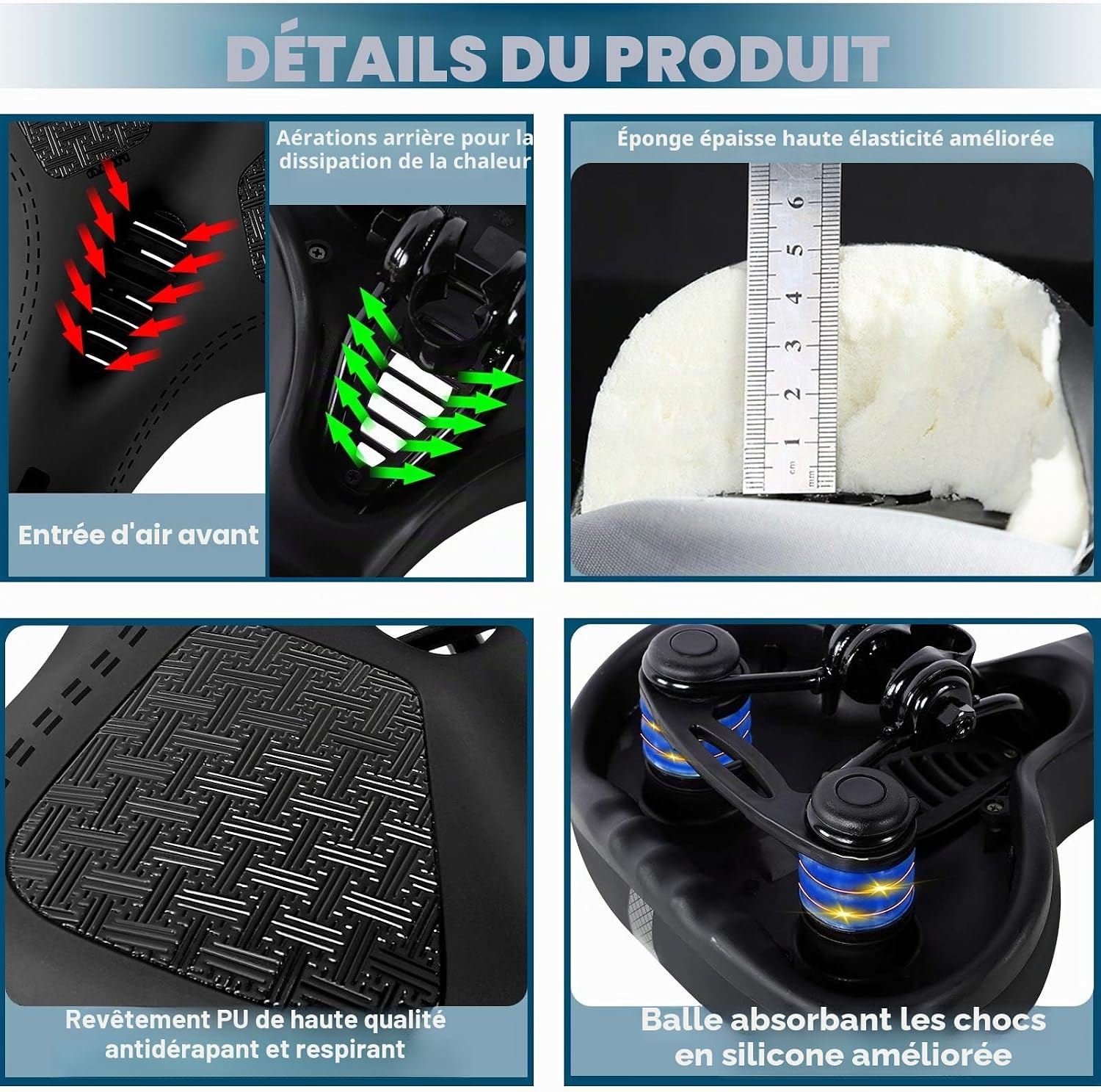 Detalle de Selle de vélo surdimensionnée en mousse à mémoire de forme avec absorption double-ressorts et surface imperméable