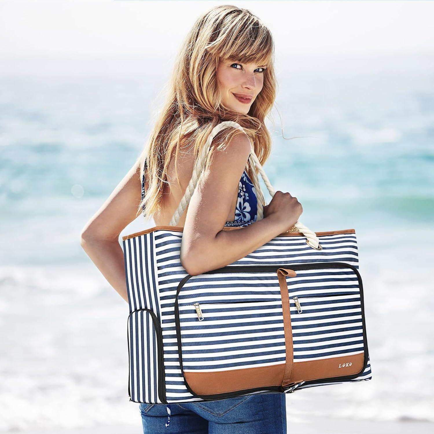 Thumbnail 1 de Lekespring Waterproof Beach Bag for Women – Blue Striped 35L Tote with Zip, Shoe Compartment and Elastic Bottom Straps