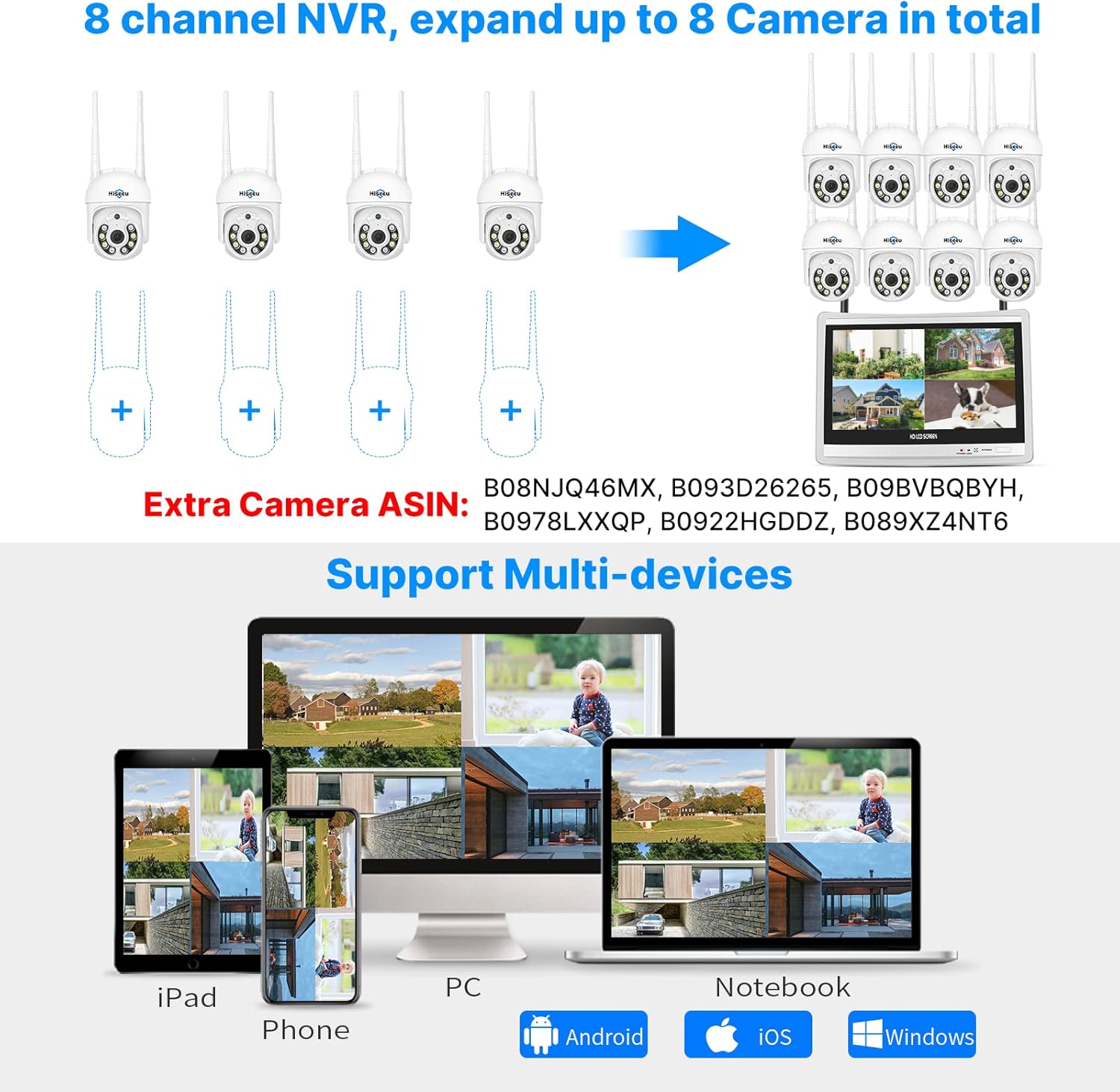 Thumbnail 6 de Hiseeu PTZ+3TB HDD : kit vidéo WiFi 5MP avec 4 caméras PTZ, moniteur 12 pouces et NVR 10CH