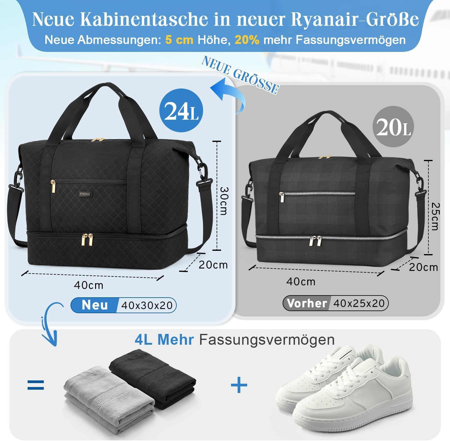 Detalle de ETRONIK Reisetasche Damen Ryanair Handgepäck 40×30×20 cm – wasserdicht, mit Schuhfach und vielseitiger Innenaufteilung