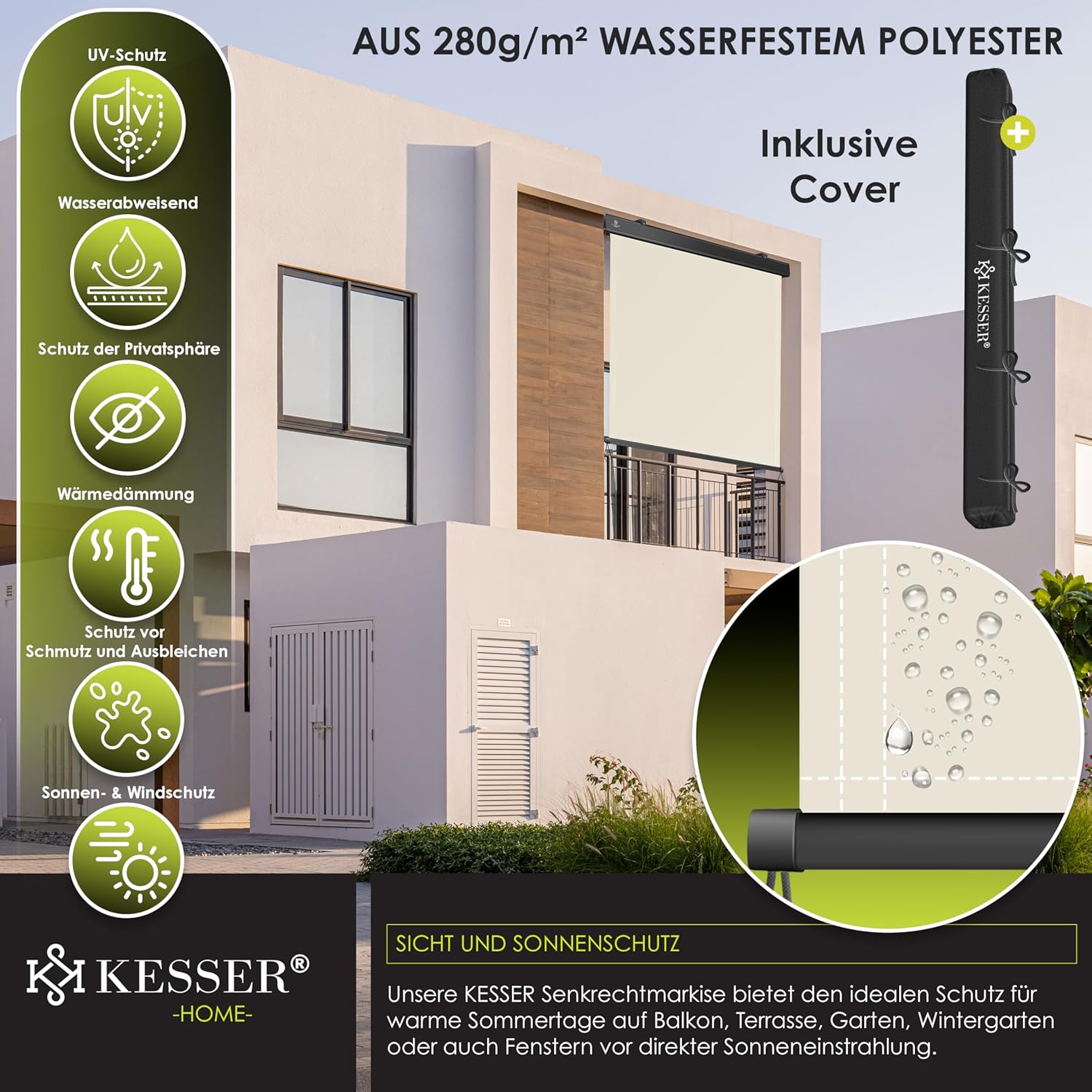 Thumbnail 5 de KESSER Senkrechtmarkise 140x250 cm – Außenrollo mit Handkurbel, inkl. Montageset & Abdeckung