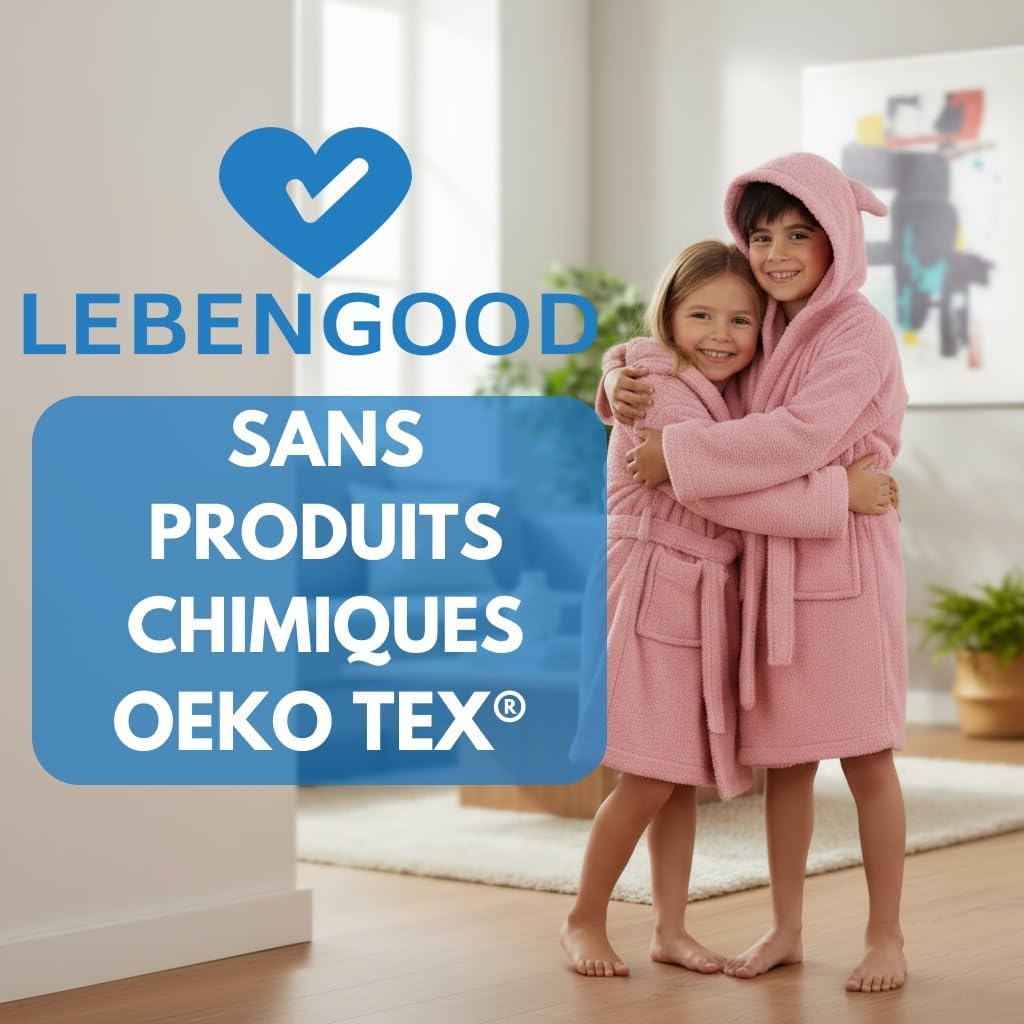 Detalle 1 de LEBENGOOD peignoir de bain enfant en 100% coton OEKO-TEX®, avec capuche à oreilles (11-12 ans, Perla)