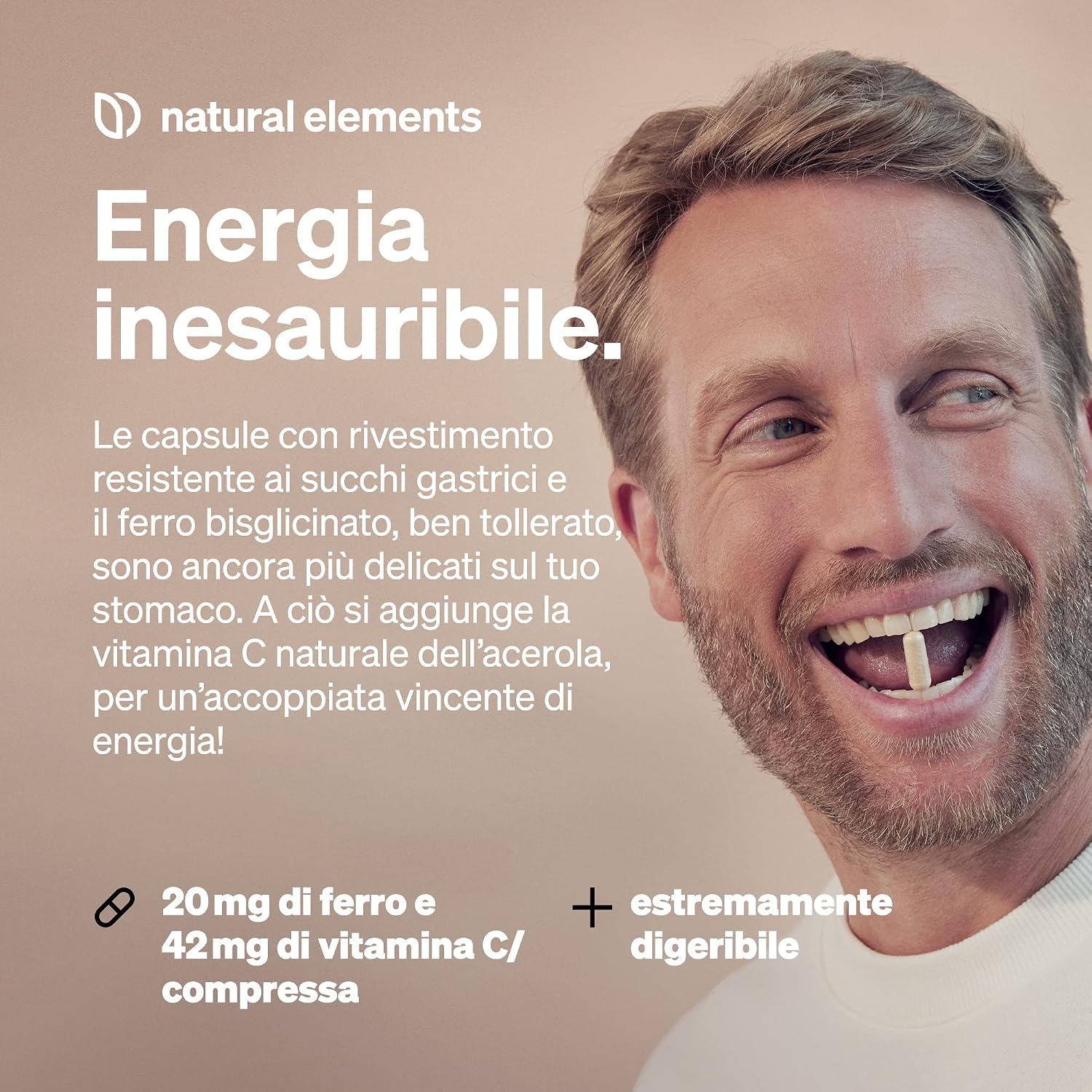 Detalle de Natural Elements Integratore Ferro 20 mg (bisglicinato ferroso) con 42 mg vitamina C naturale – 180 capsule vegane