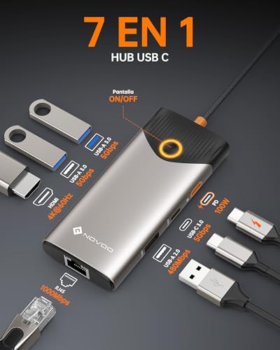 Detalle de NOVOO USB C Hub 7-en-1: estación de acoplamiento con HDMI 4K@60Hz, Ethernet y carga PD para MacBook, iPad y más