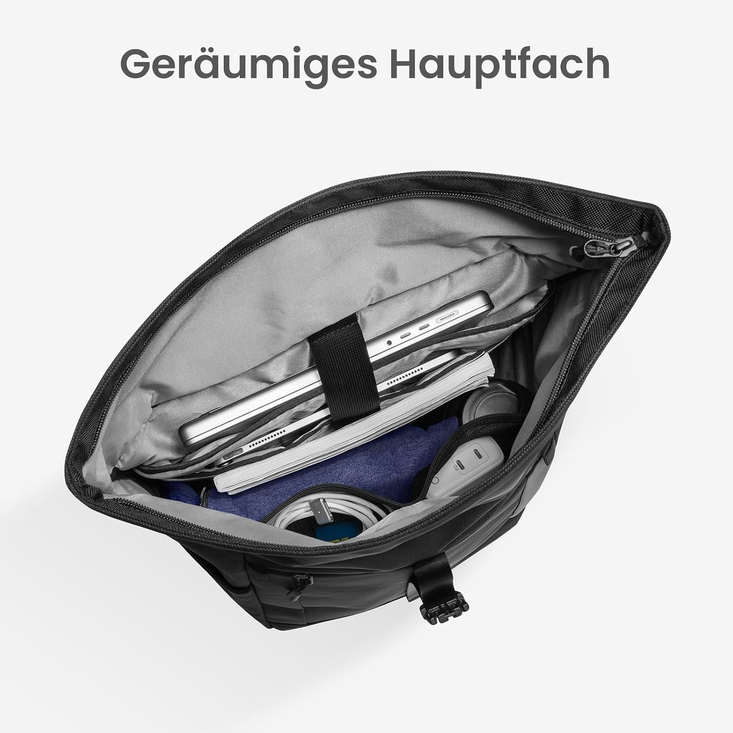 Detalle de tomtoc Rolltop Rucksack für Herren & Damen (25–30 L) mit 17,3-Zoll-Laptopfach – wasserdicht, Schwarz