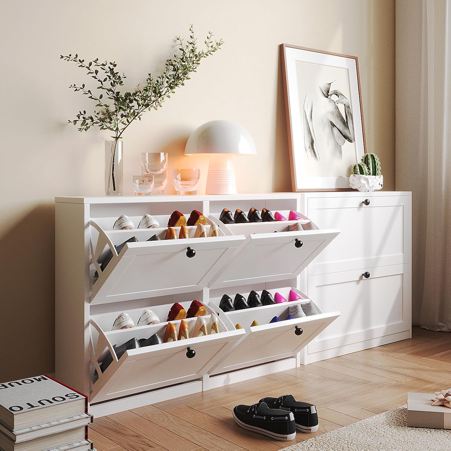Detalle de VOWNER Scarpiera Slim: Scarpiera Portascarpe in Legno a 4 Cassetti, 105x80x24 cm, Bianco
