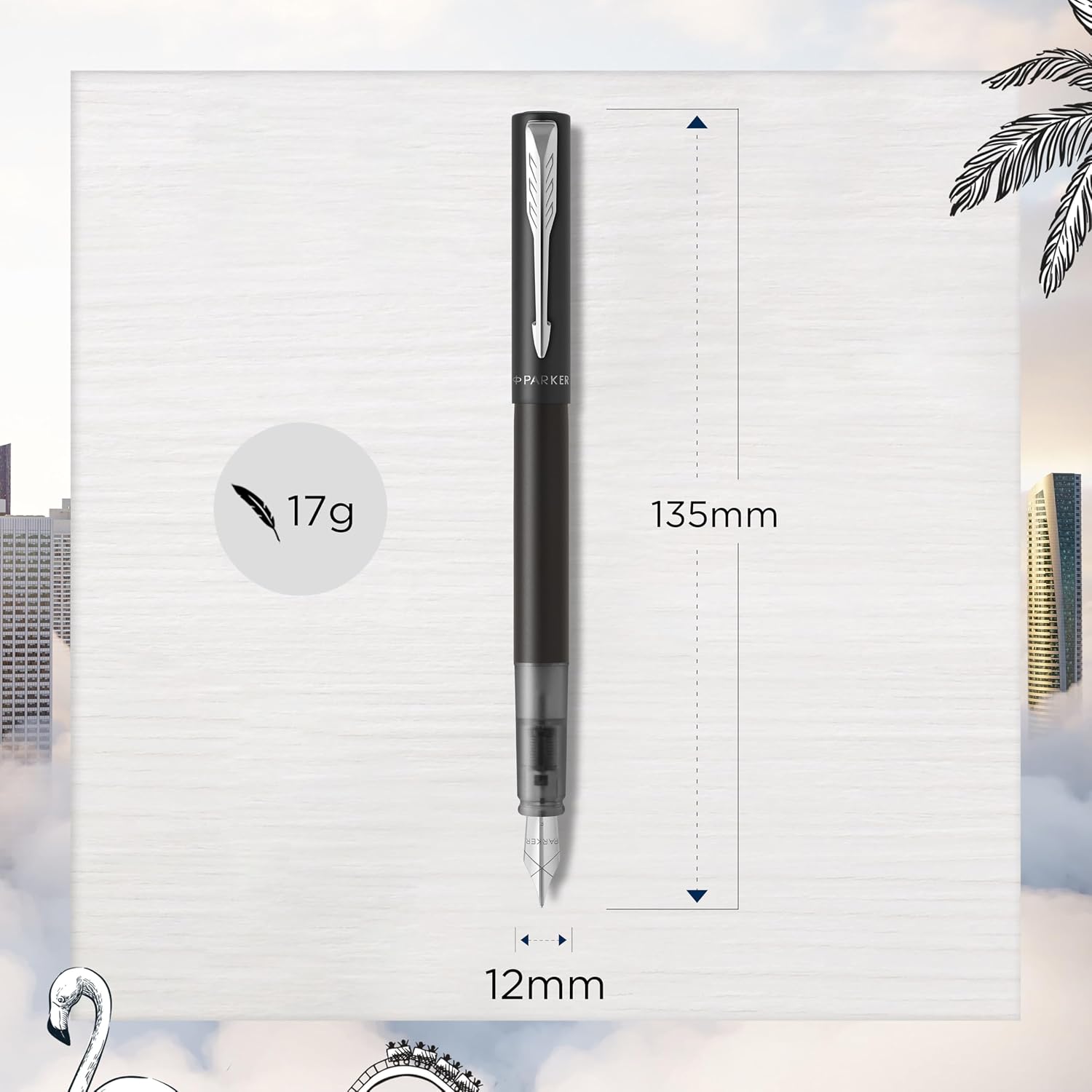 Detalle de Parker Vector XL Fountain Pen in Metallic Black Lacquer with Medium Nib and Blue Ink Refill (Gift Box)