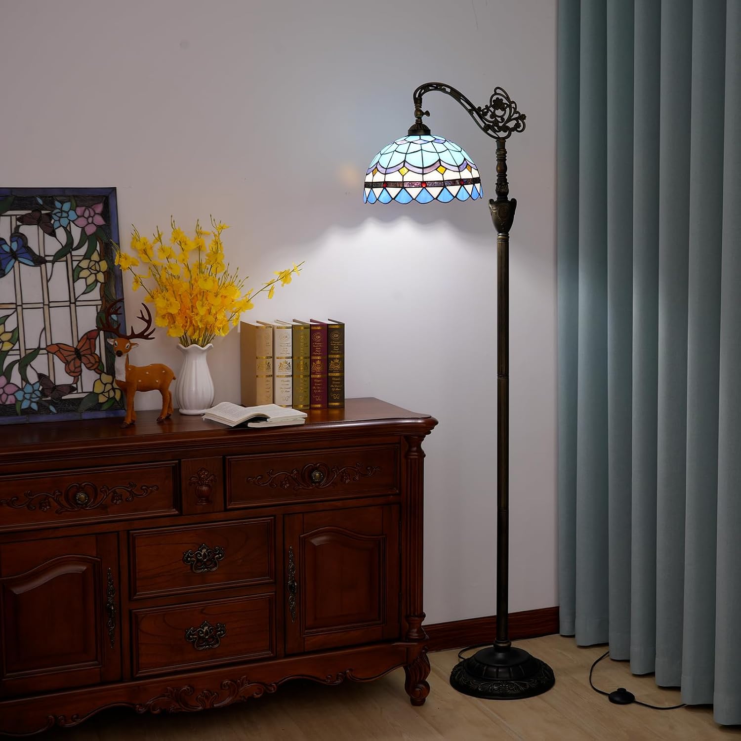 Thumbnail 2 de Tiffany Floor Lamp: Vintage Blue Stained Glass Lamp 12x12x63 in