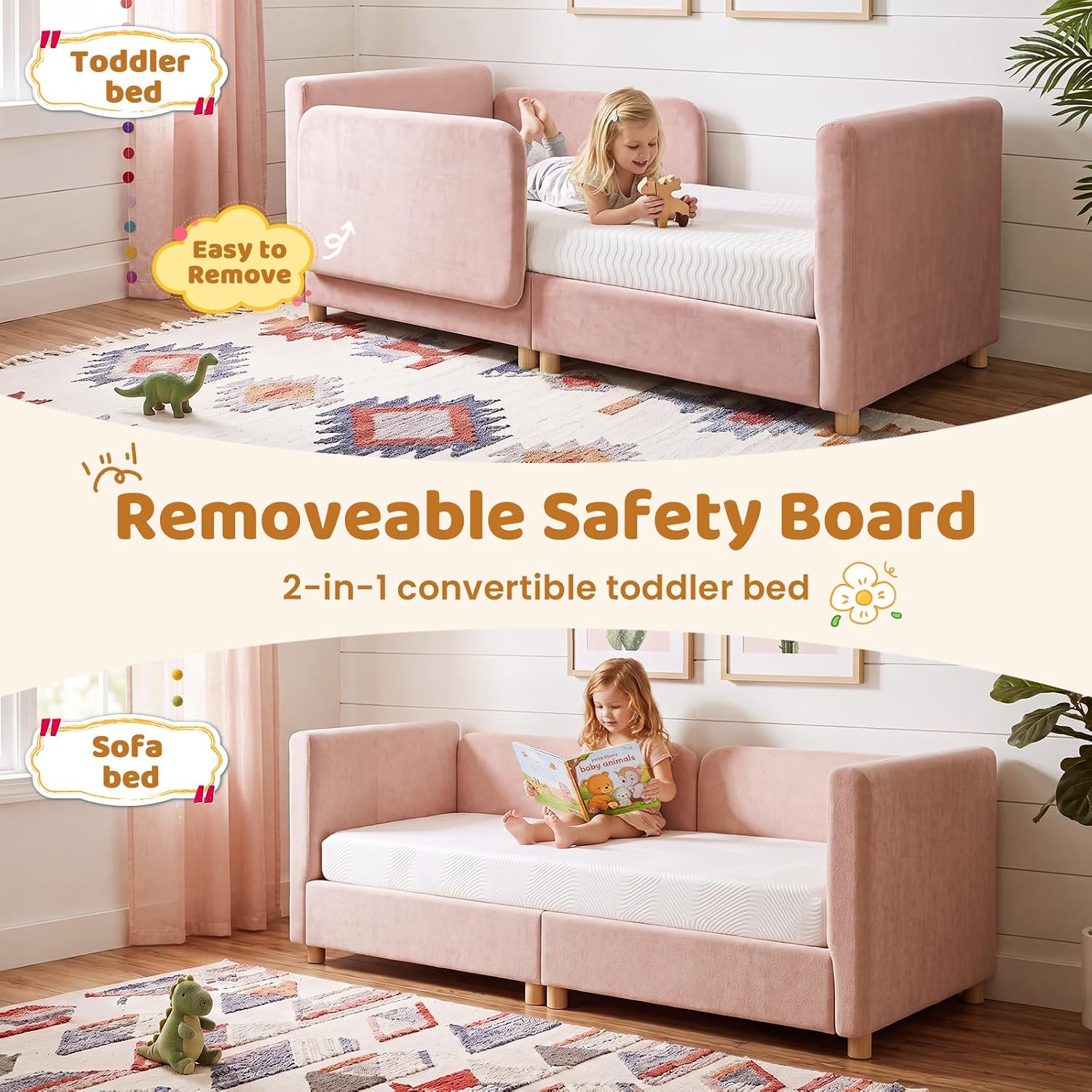 Detalle de Meulbaty Toddler Floor Bed, 2-in-1 Convertible Bed with Pine Frame