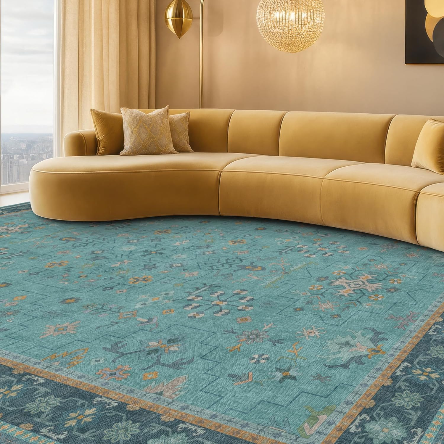 Detalle de Teal 7x10 Large Rug Washable Floral Pattern