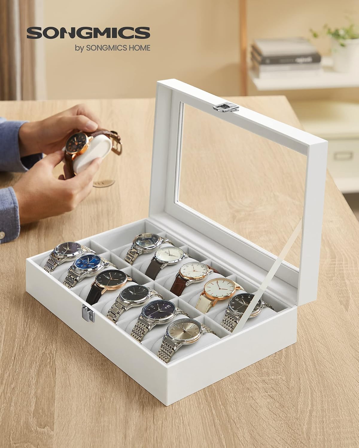 Detalle de SONGMICS BRIDIE JWB202V1 12-Slot Watch Box with Glass Lid