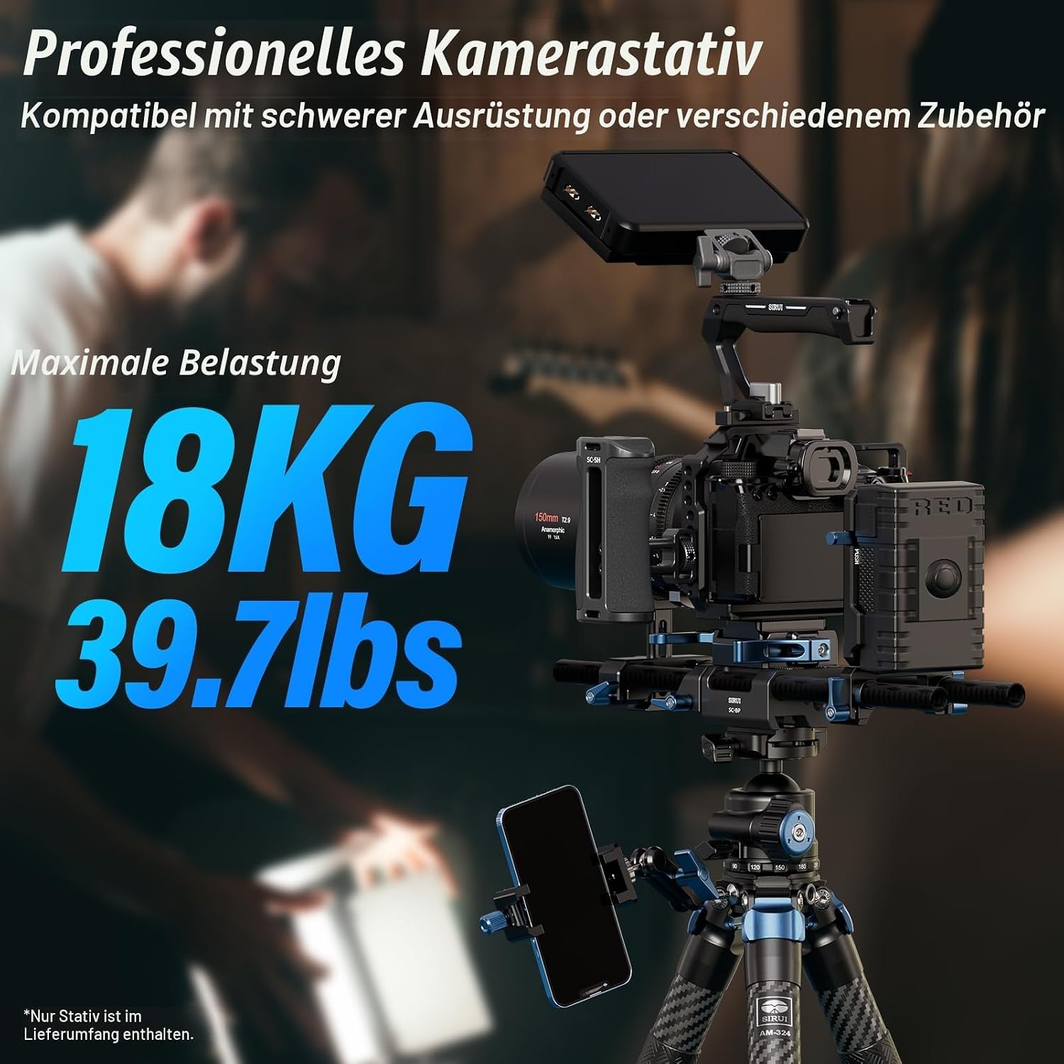 Detalle de SIRUI AM-324 Kohlefaser-Kamerastativ & Reisestativ (4 Sektionen) – belastbar bis 19 kg, ohne Mittelsäule