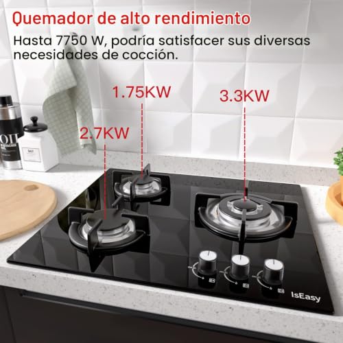 Detalle 2 de IsEasy Placa de Gas 3 Fuegos Cristal Negro 60 cm: empotrable, seguridad y versatilidad