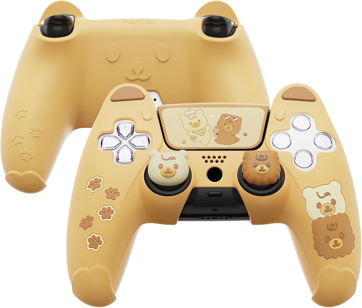 Detalle de PlayVital Cute Bear Controller Silicone Case for PS5 – Bear-Themed Cover with Touch Pad Sticker & Thumb Grips (Yellow & Brown)