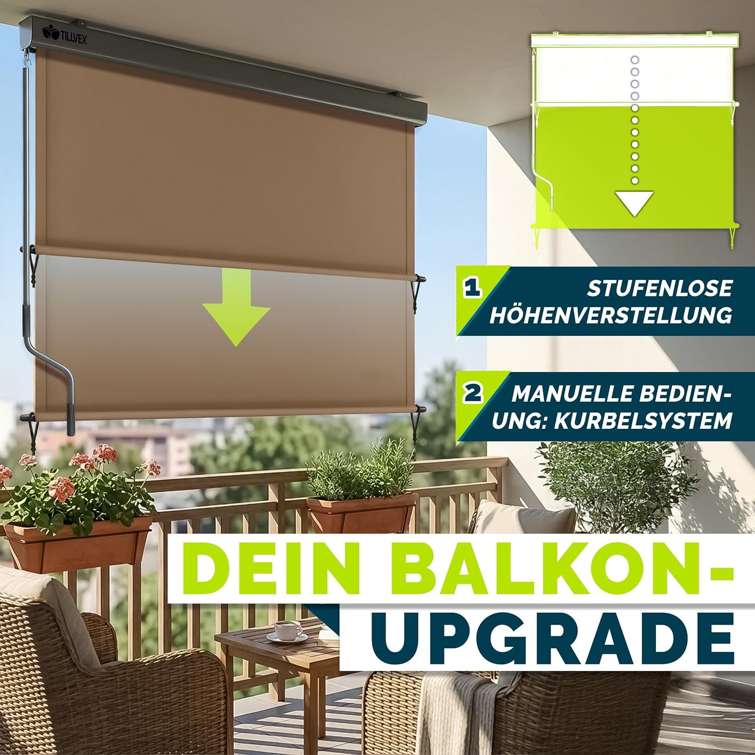 Detalle de tillvex® Senkrechtmarkise 200 x 250 cm mit Regencover – Außenrollo für Sicht- und Sonnenschutz am Balkon