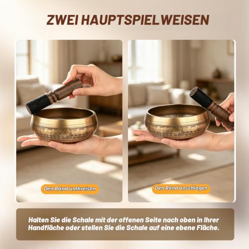 Detalle de Carastek Große Original Tibetische Klangschalen Set – Ø13 cm, handgehämmert, mit Seidenkissen und Lederschlägel