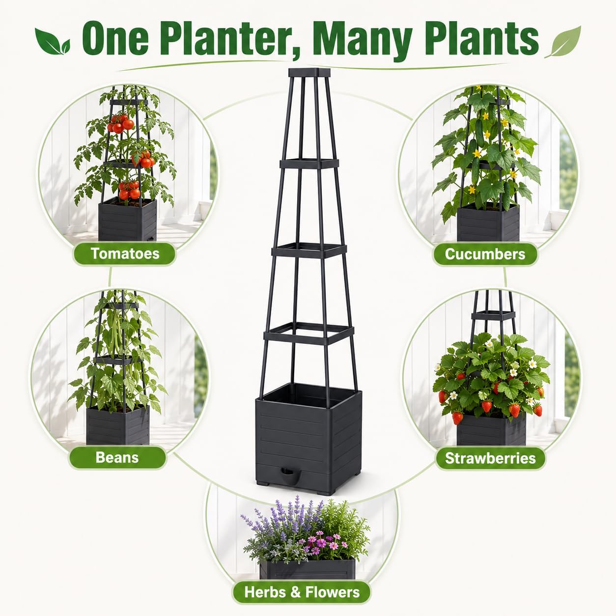 Detalle de JQTOP Jardinière Surélevée avec Treillis 145 cm – Pot Auto-Arrosant pour Plantes Grimpantes et Légumes