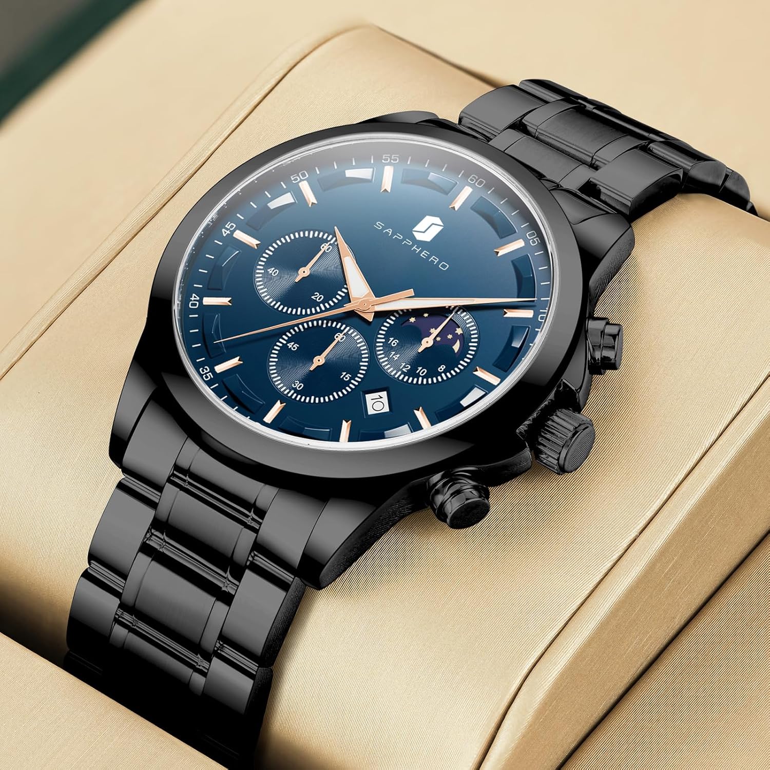 Detalle de BENYAR Montre Homme Chronographe Étanche avec Calendrier — Bracelet Cuir/Acier Inoxydable