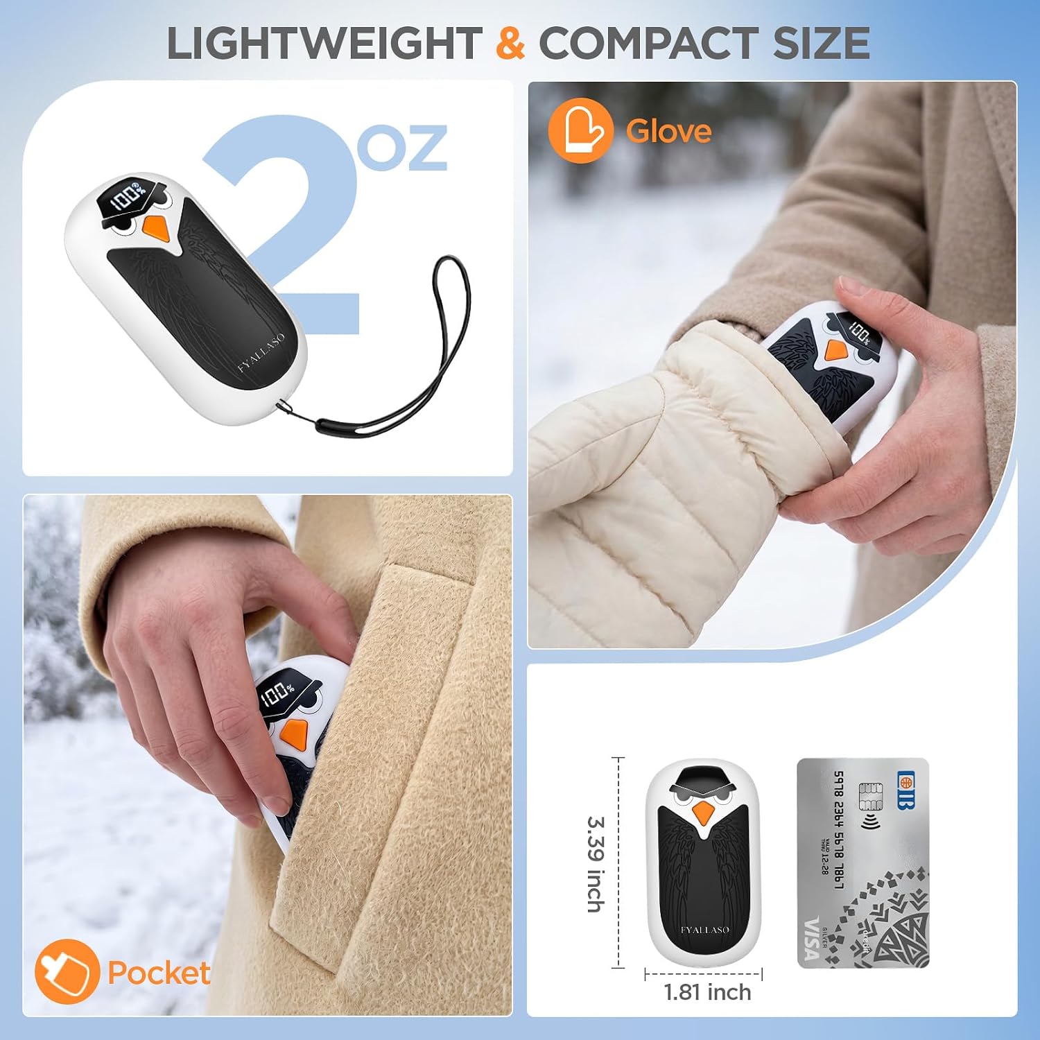 Detalle 2 de FYALLASO YI08 Rechargeable Hand Warmers, 2-Pack with LED Display