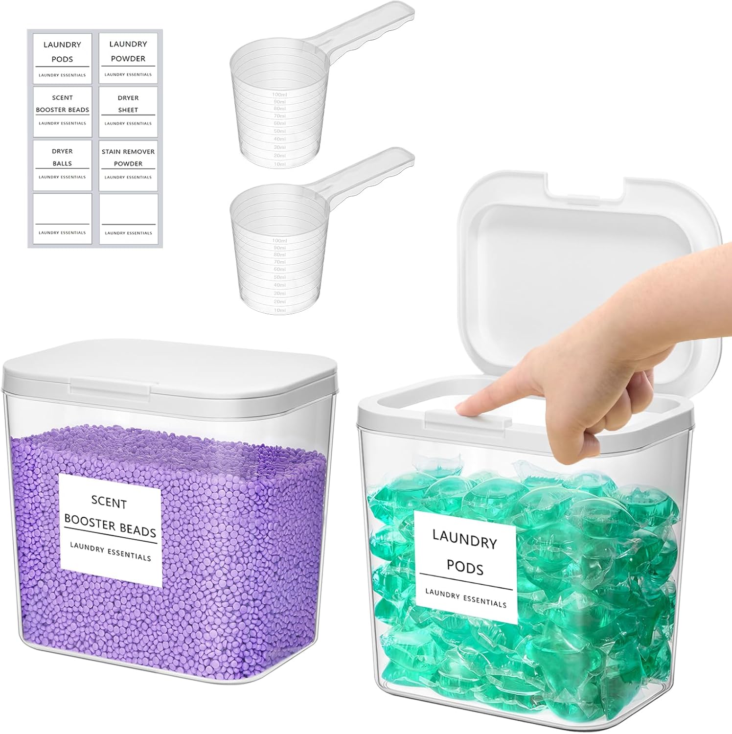 Lifewit lot de 2 contenants de lessive en capsules avec étiquettes et cuillères, 2700 ml (couvercle à pression)