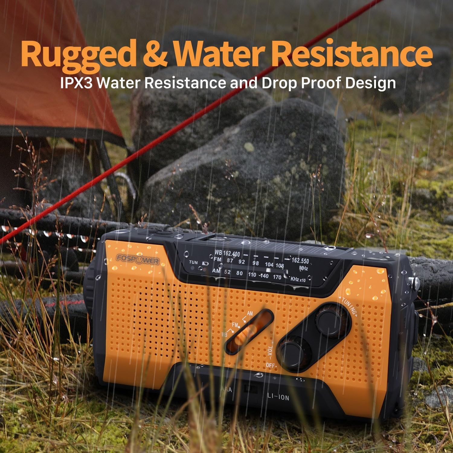 Detalle de FosPower NOAA Emergency Weather Radio A1: 7400mWh Portable Power Bank with AM/FM, Solar, Hand Crank, SOS Alarm and Flashlight (Orange)