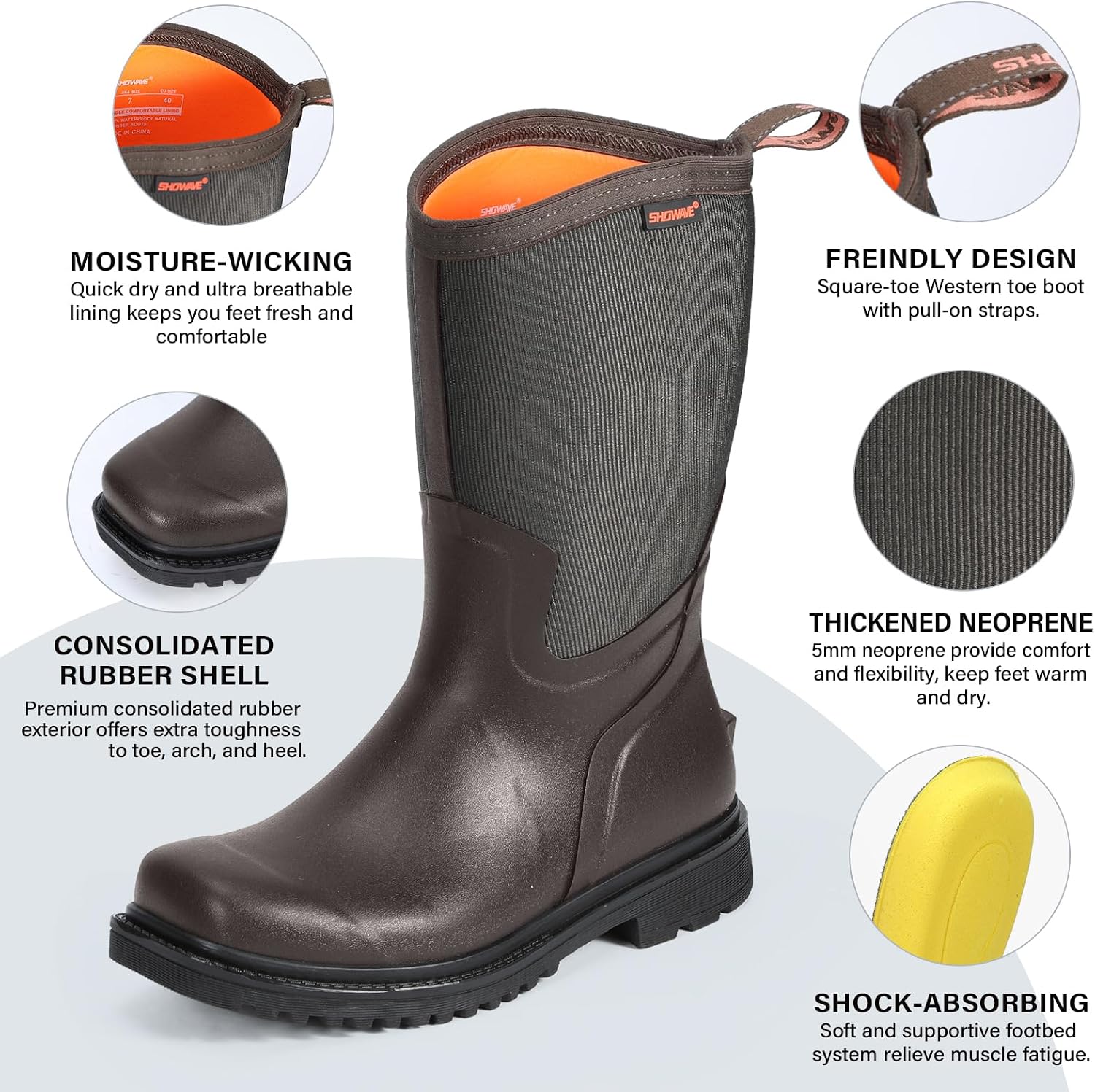 Thumbnail 4 de Showave Square Toe Rubber Boots for Men Waterproof Gardening Boots