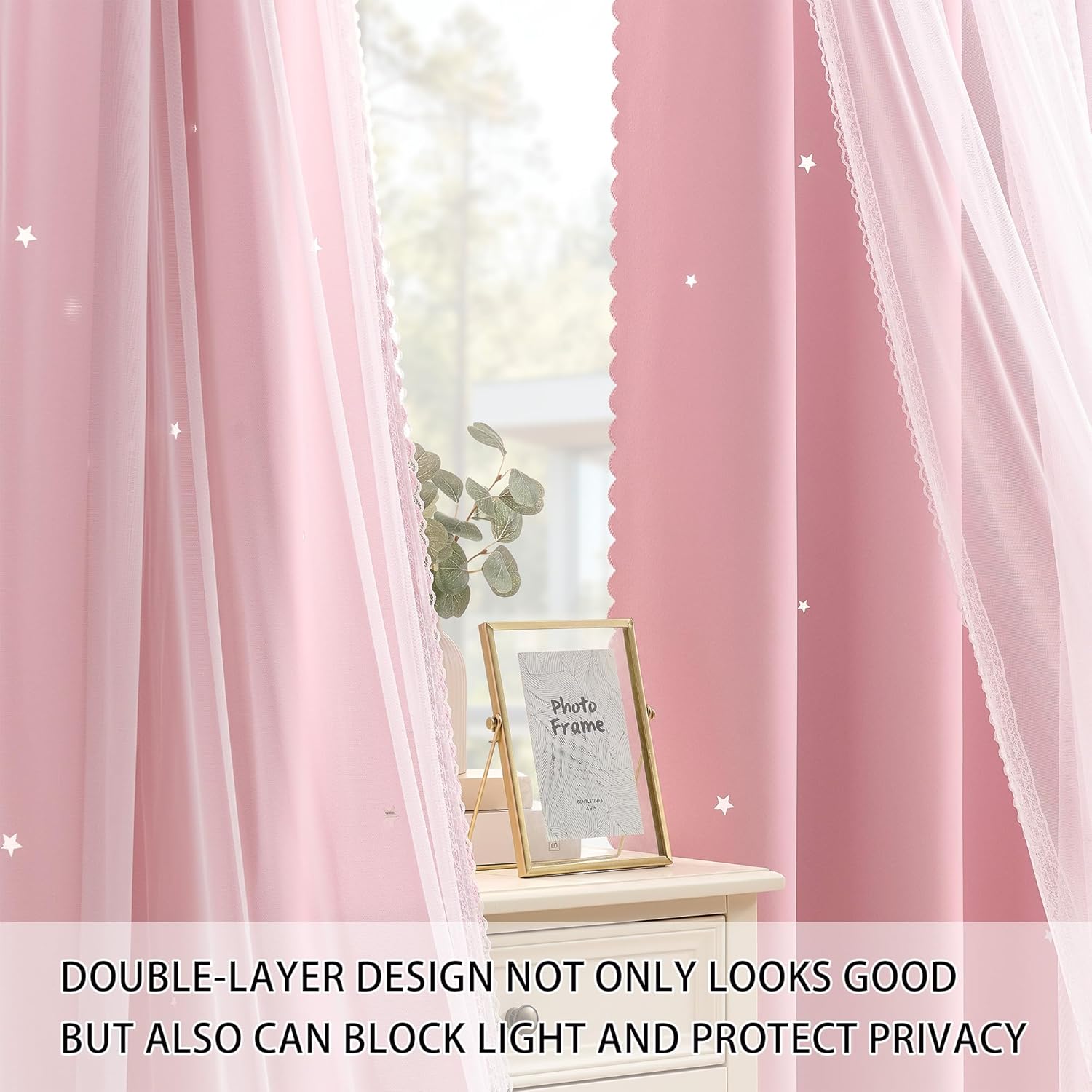 Thumbnail 2 de XiDi Light Pink Two-Layer Kids Curtains (34x63 in) with Star Print – Blackout Panel for Girls' Bedroom