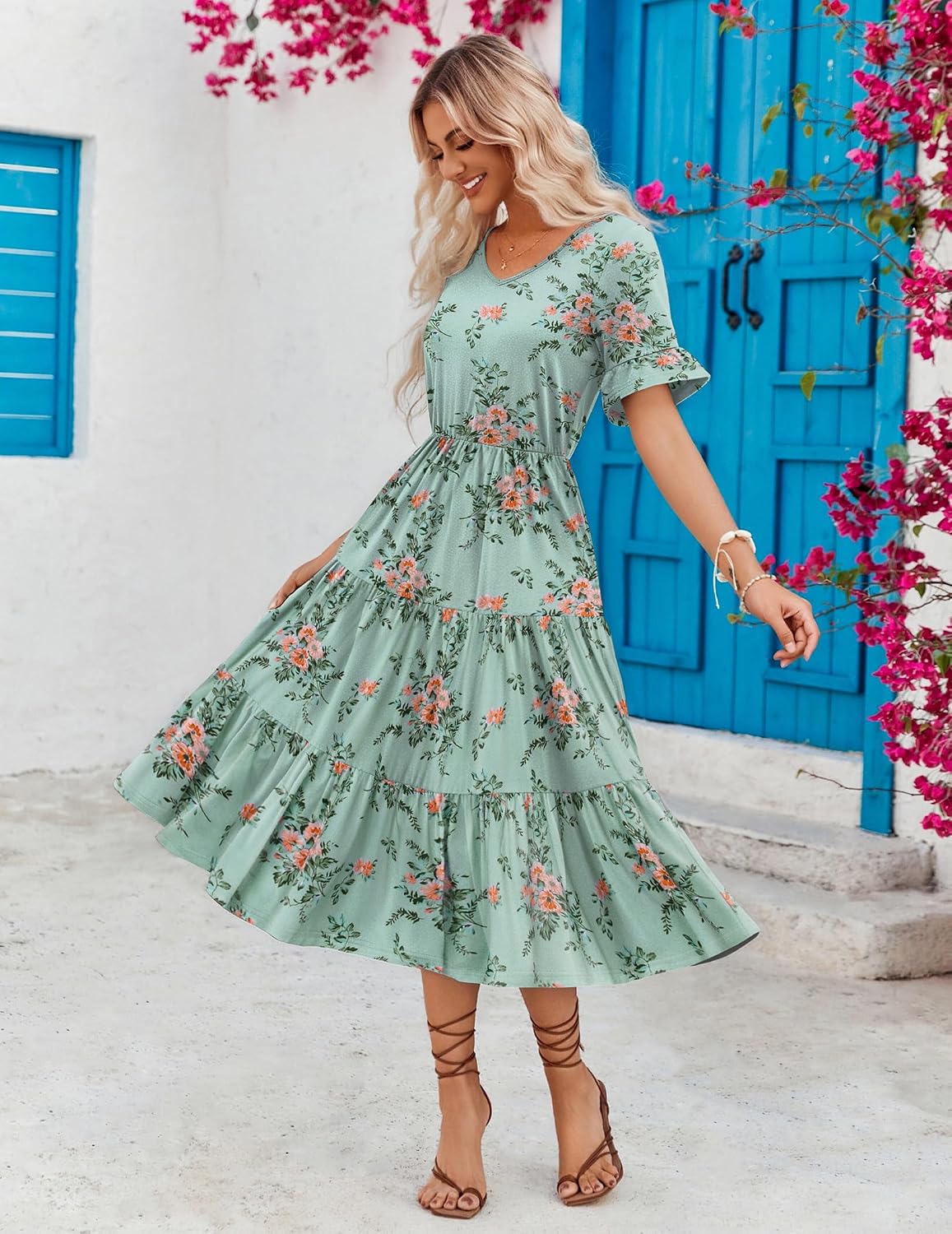 Detalle de ZEAGOO Women's Summer Dresses Midi Tiered Floral V Neck Ruffle Short Sleeve with Pockets